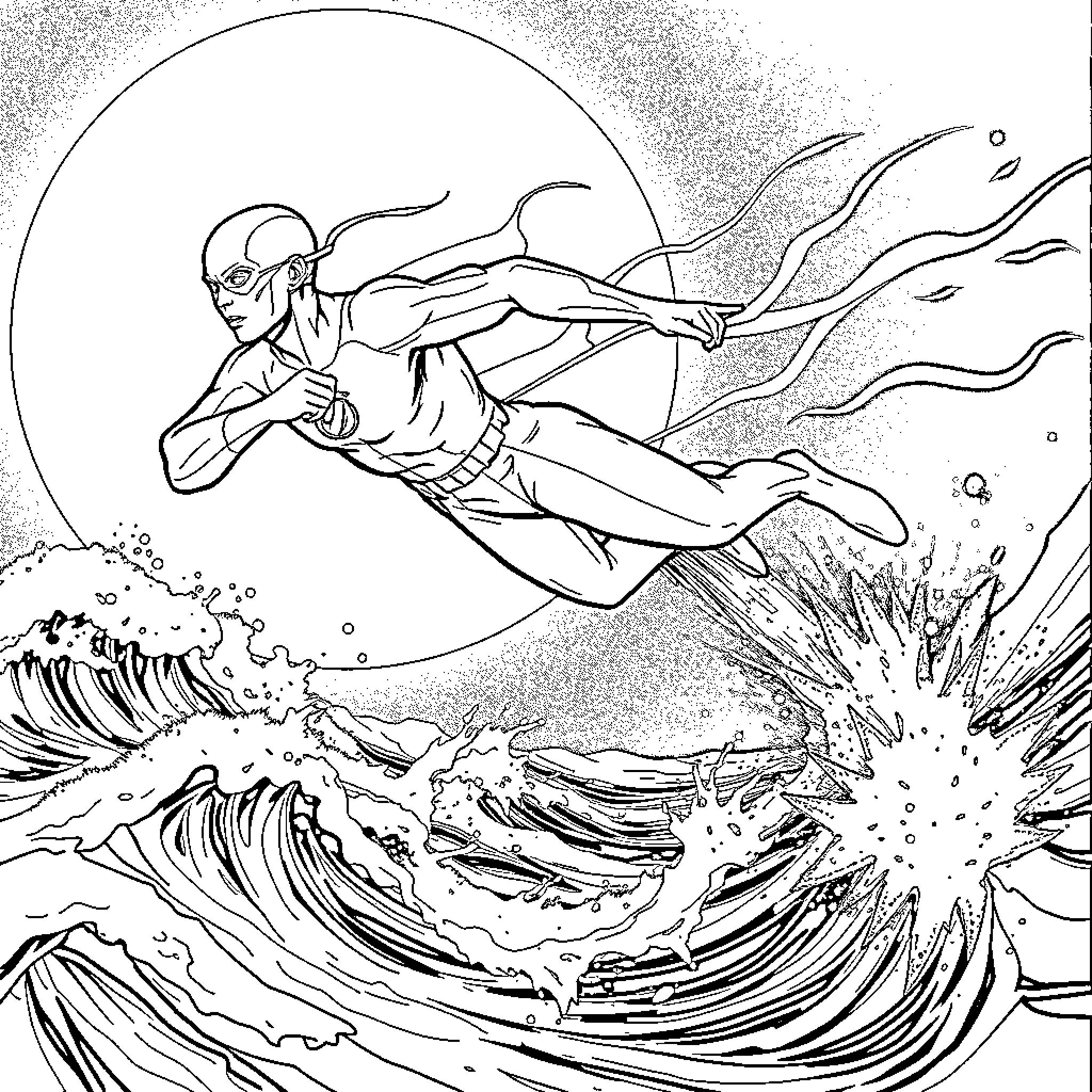 Flash Surfs the Waves Under the Moon Coloring Page (free black-and-white line drawing printable PDF for all, from beginners to advanced learners, including children, teens, adults, and seniors)