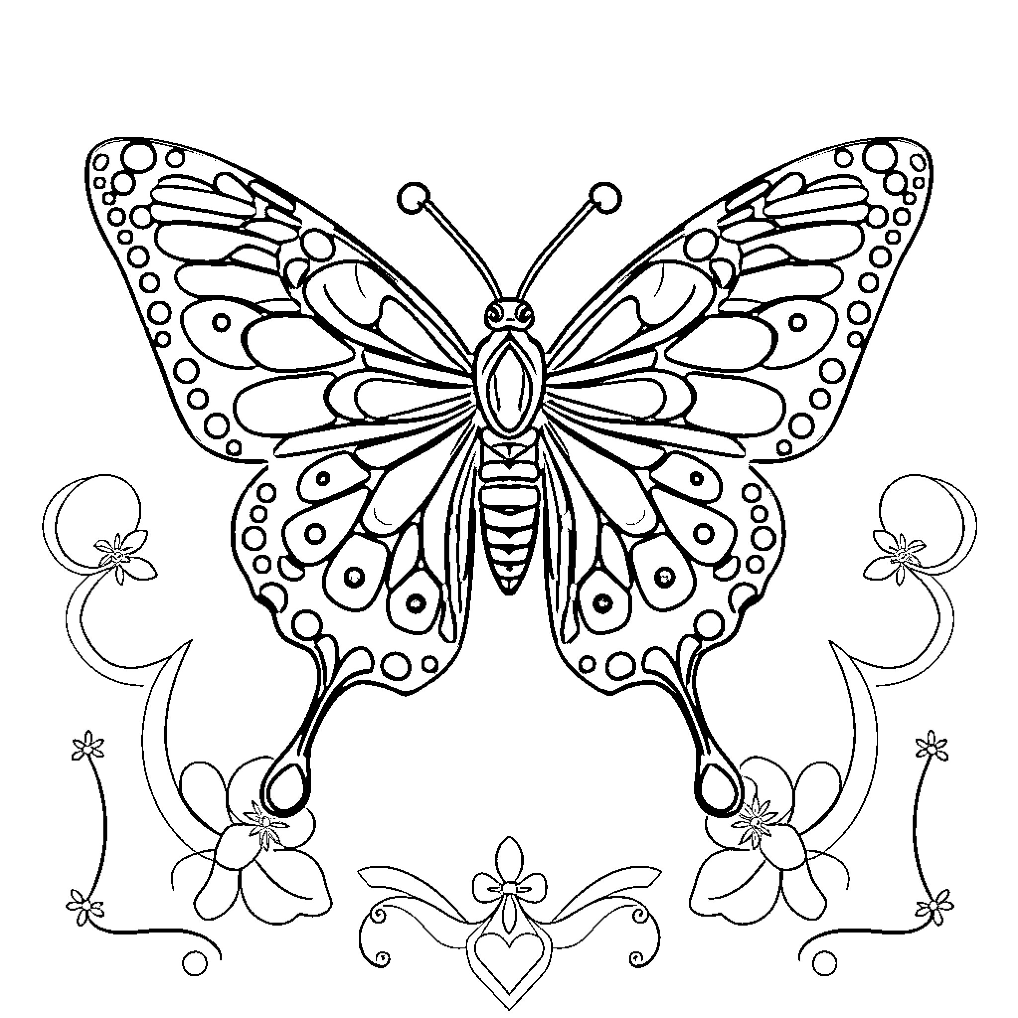 Skull Butterfly among Whimsical Flowers Coloring Page (free black-and-white line drawing printable PDF for all, from beginners to advanced learners, including children, teens, adults, and seniors)