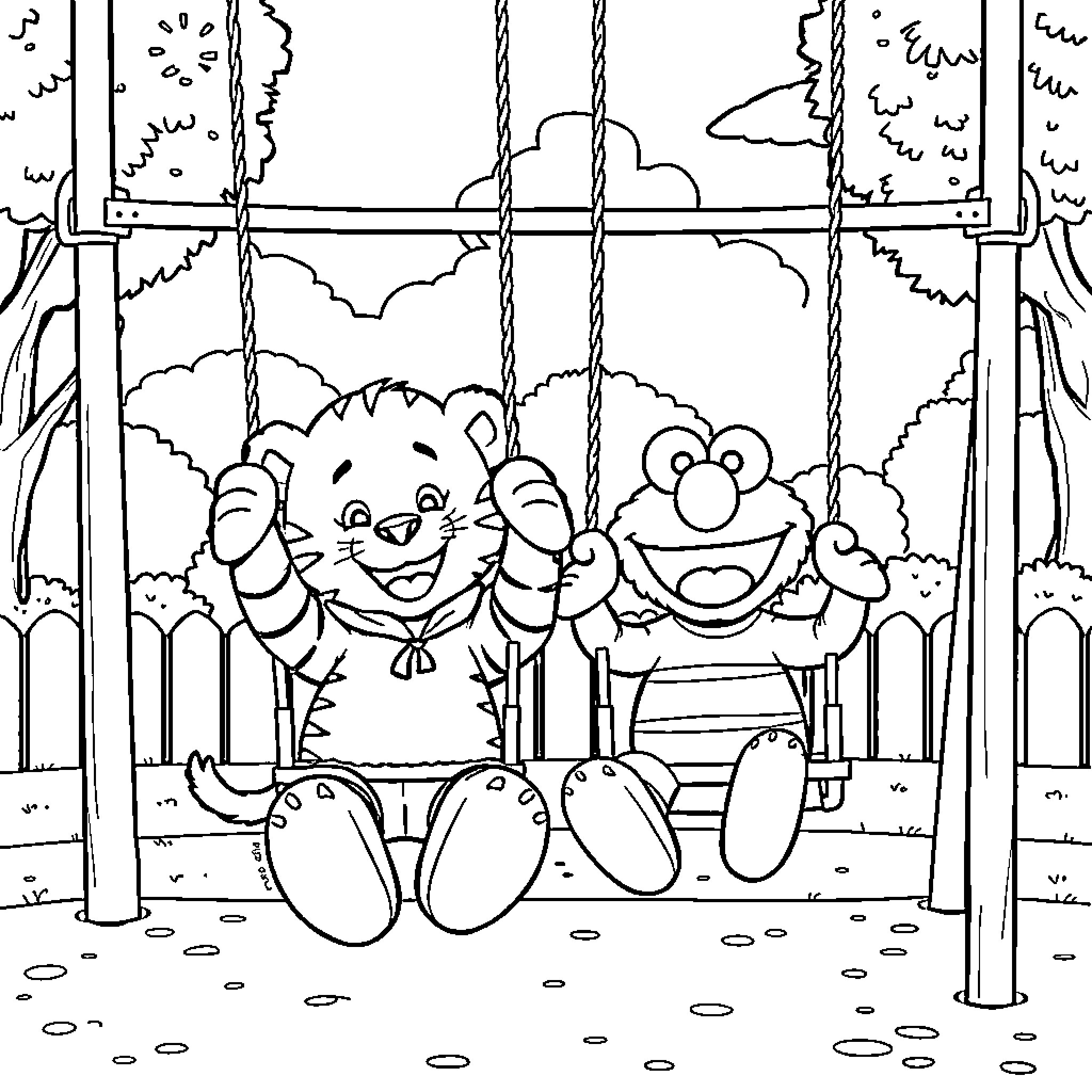 Daniel Tiger and Friends Enjoying a Swing Ride Coloring Page (free black-and-white line drawing printable PDF for all, from beginners to advanced learners, including children, teens, adults, and seniors)