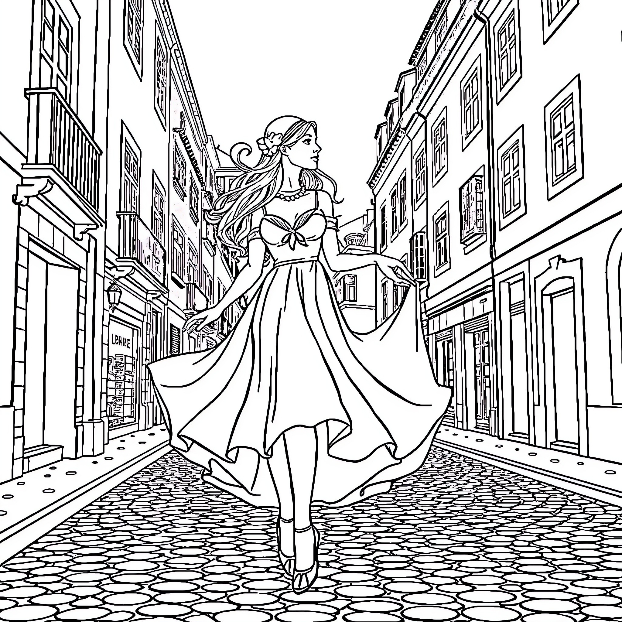 Ballerina Walking Through a Quaint City Street Coloring Page (free black-and-white line drawing printable PDF for all, from beginners to advanced learners, including children, teens, adults, and seniors)