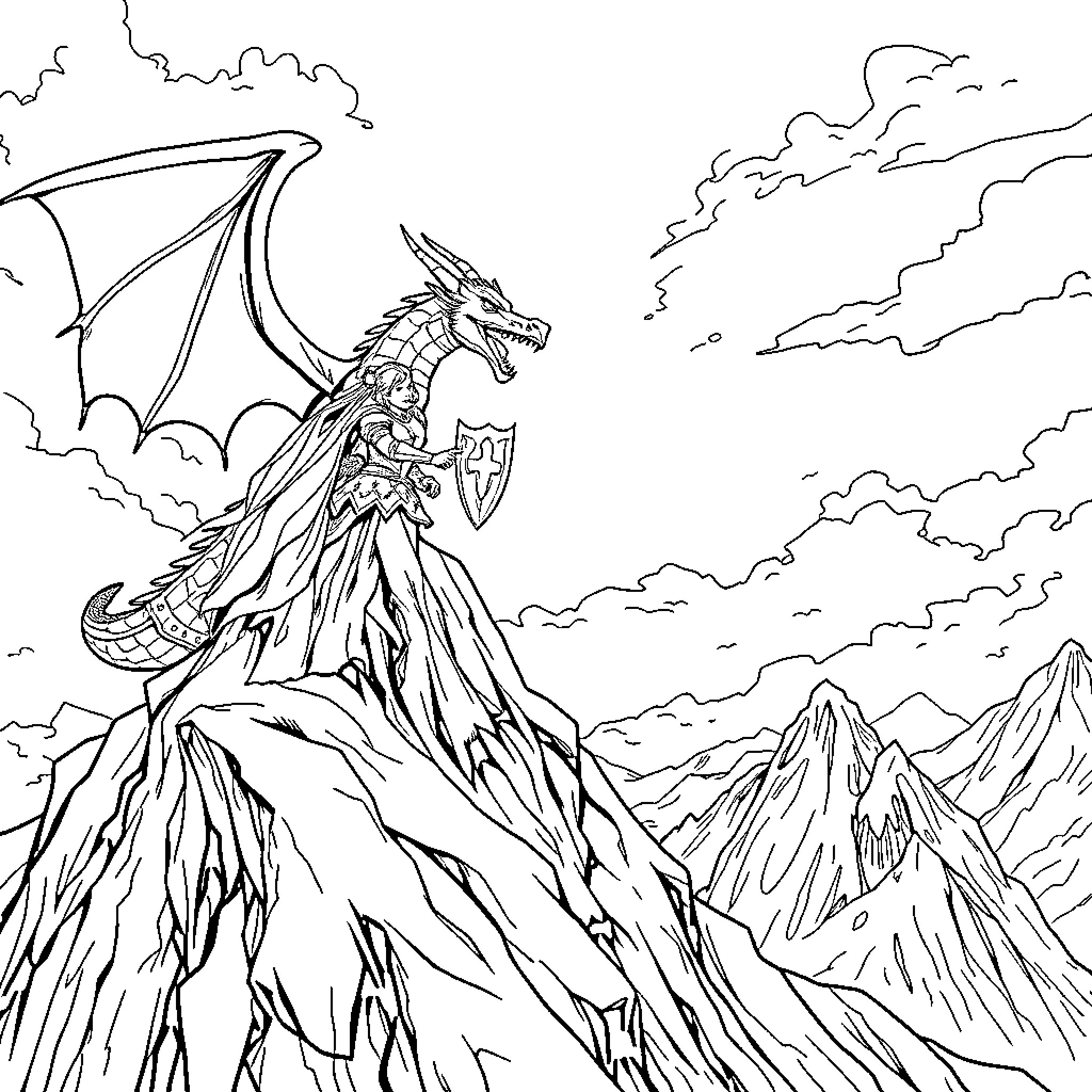 Princess soars on a majestic dragon over rugged peaks Coloring Page (free black-and-white line drawing printable PDF for all, from beginners to advanced learners, including children, teens, adults, and seniors)