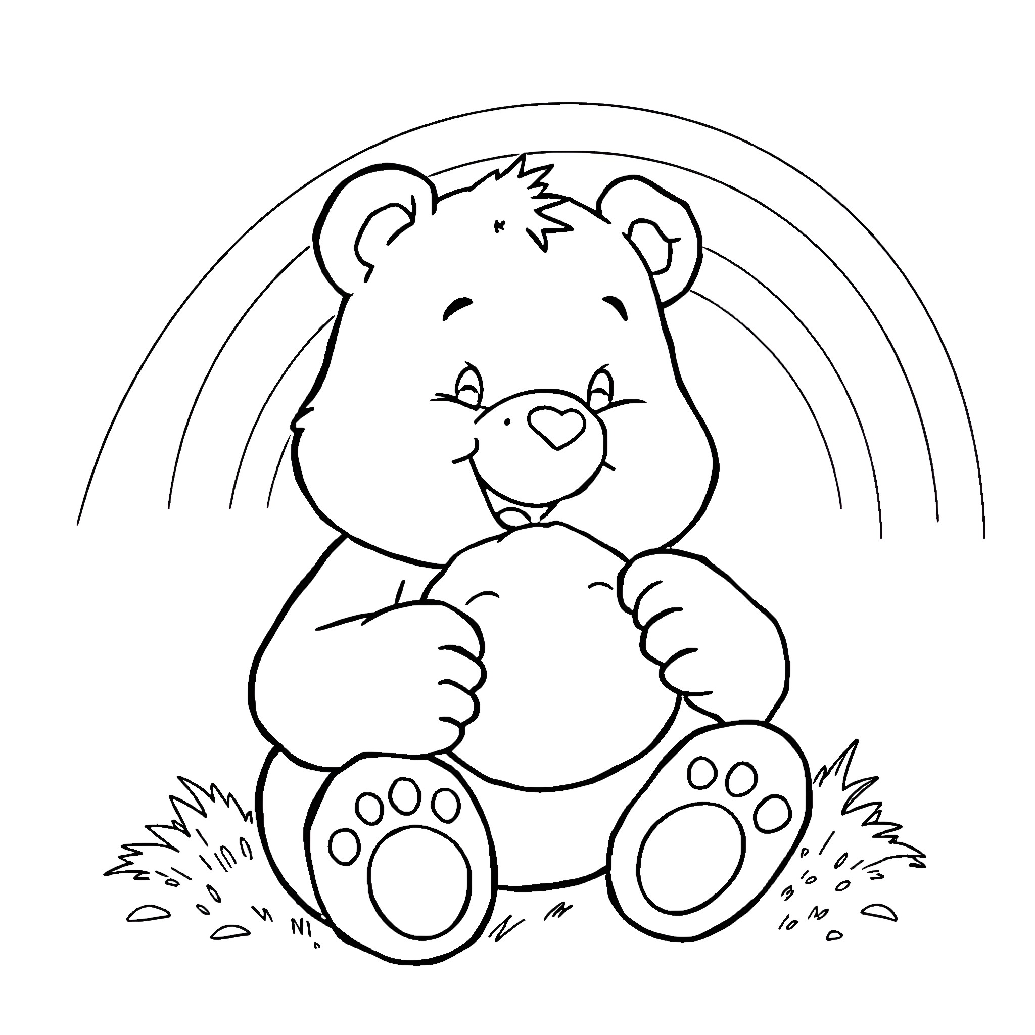 Care Bear hugging and smiling happily Coloring Page (free black-and-white line drawing printable PDF for all, from beginners to advanced learners, including children, teens, adults, and seniors)