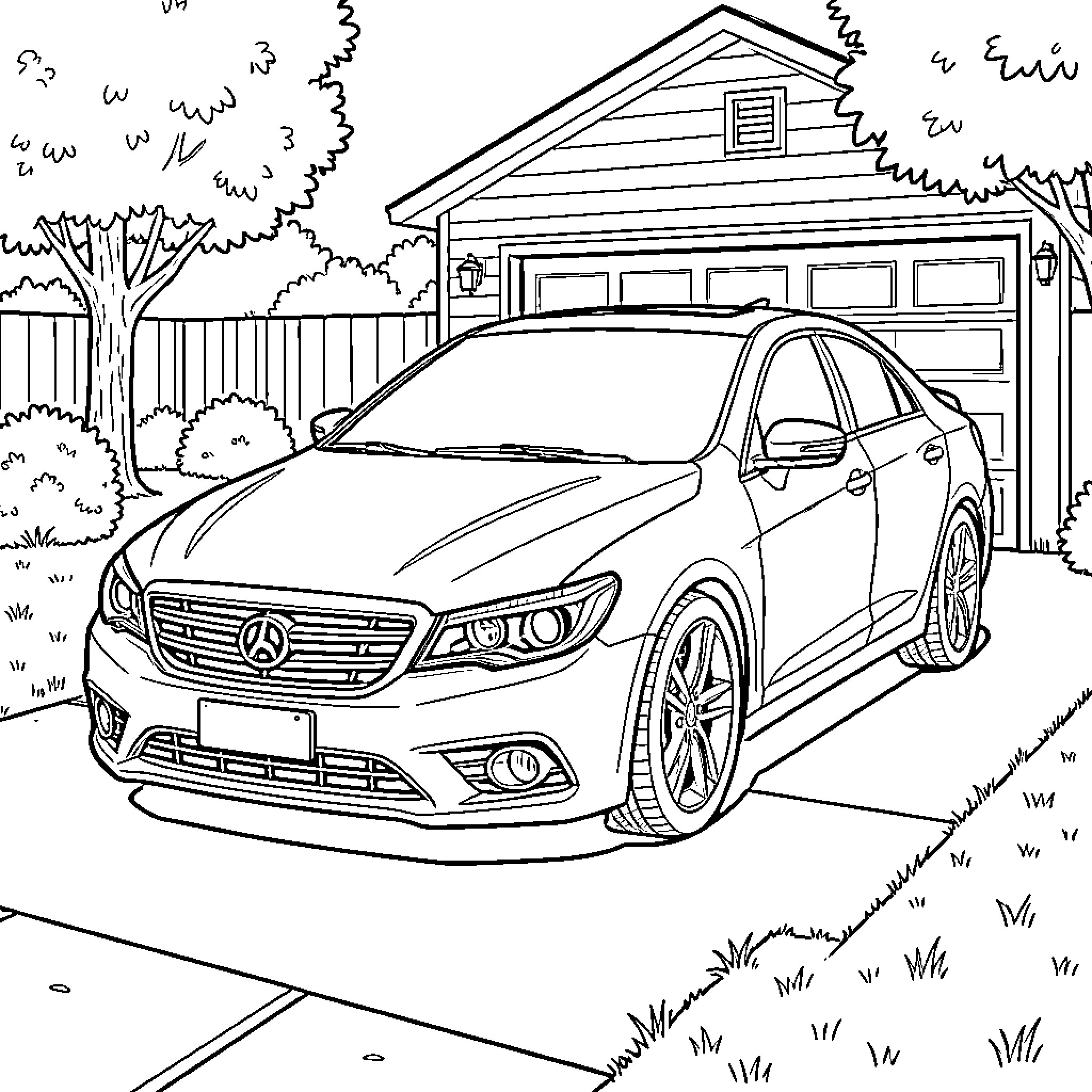 Car parked in a residential driveway near a garage Coloring Page (free black-and-white line drawing printable PDF for all, from beginners to advanced learners, including children, teens, adults, and seniors)