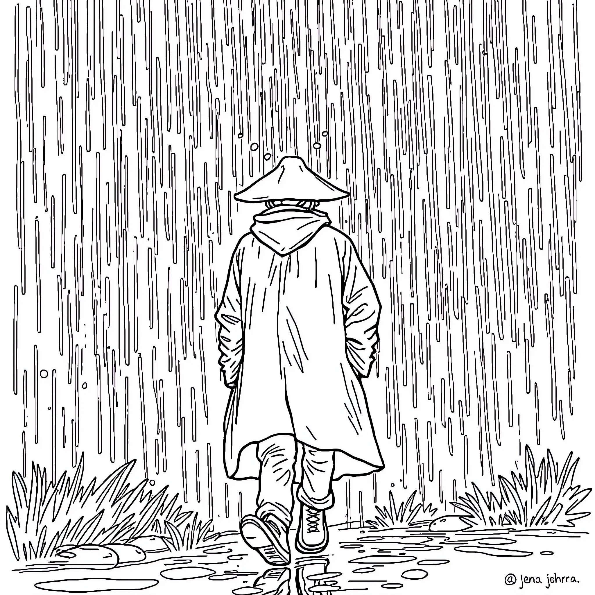 Hombre walking in the rain with raincoat and hat Coloring Page (free black-and-white line drawing printable PDF for all, from beginners to advanced learners, including children, teens, adults, and seniors)