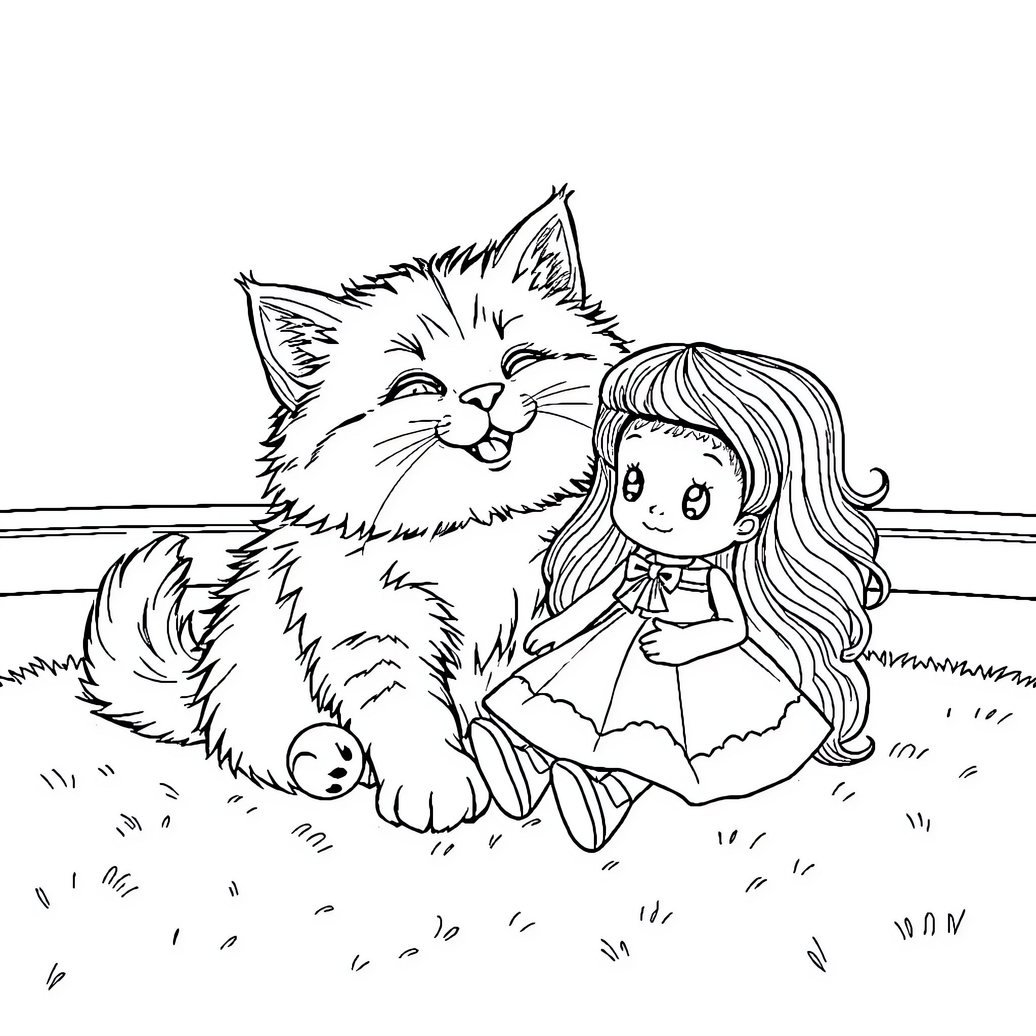 Cat and Girl Playing in the Garden Coloring Page (free black-and-white line drawing printable PDF for all, from beginners to advanced learners, including children, teens, adults, and seniors)