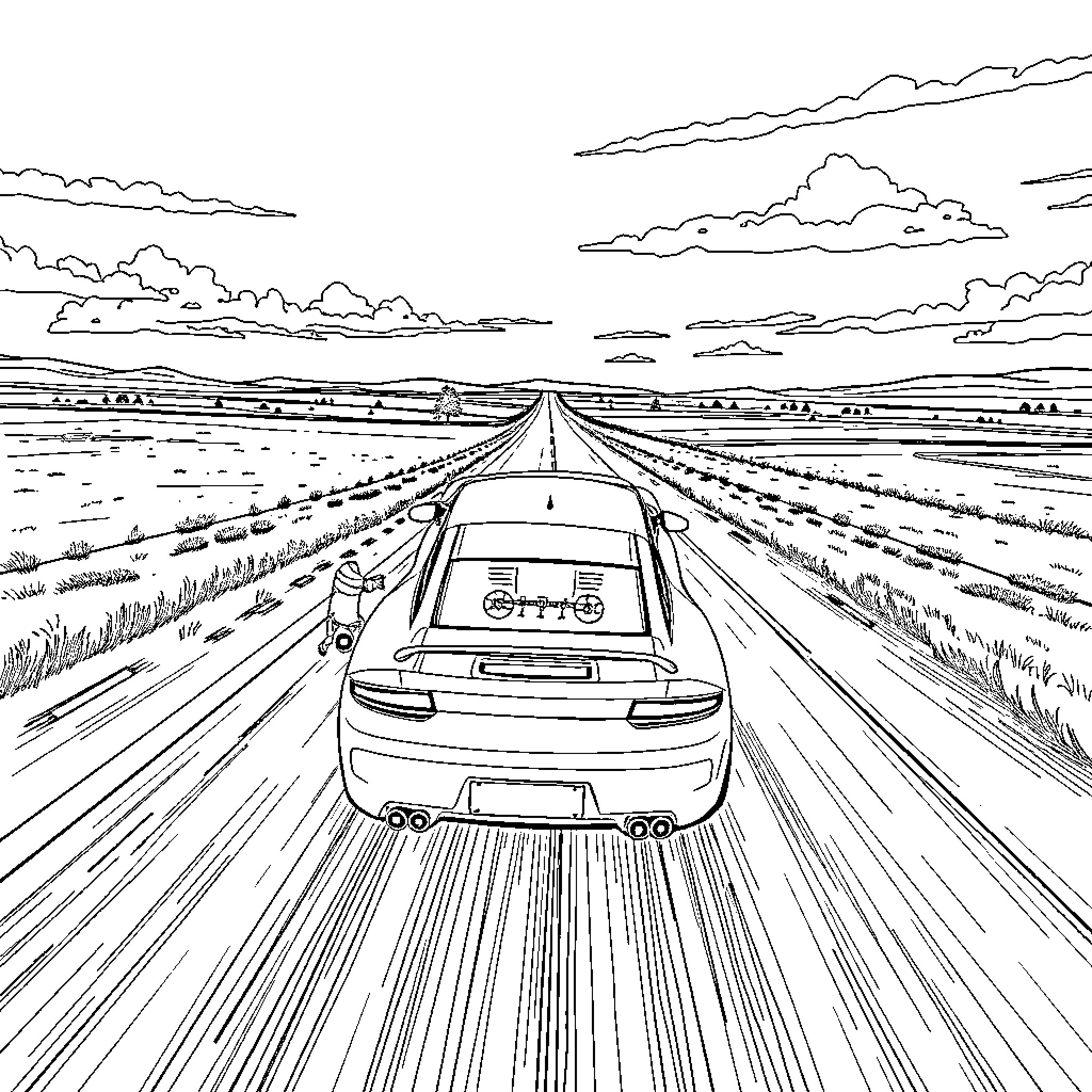 Car speeding down a long and winding highway Coloring Page (free black-and-white line drawing printable PDF for all, from beginners to advanced learners, including children, teens, adults, and seniors)