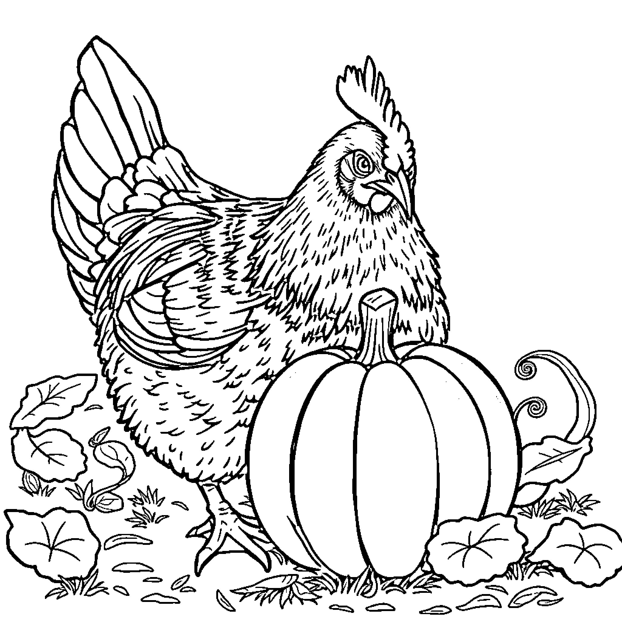 Hen standing proudly near pumpkin in autumn foliage Coloring Page (free black-and-white line drawing printable PDF for all, from beginners to advanced learners, including children, teens, adults, and seniors)
