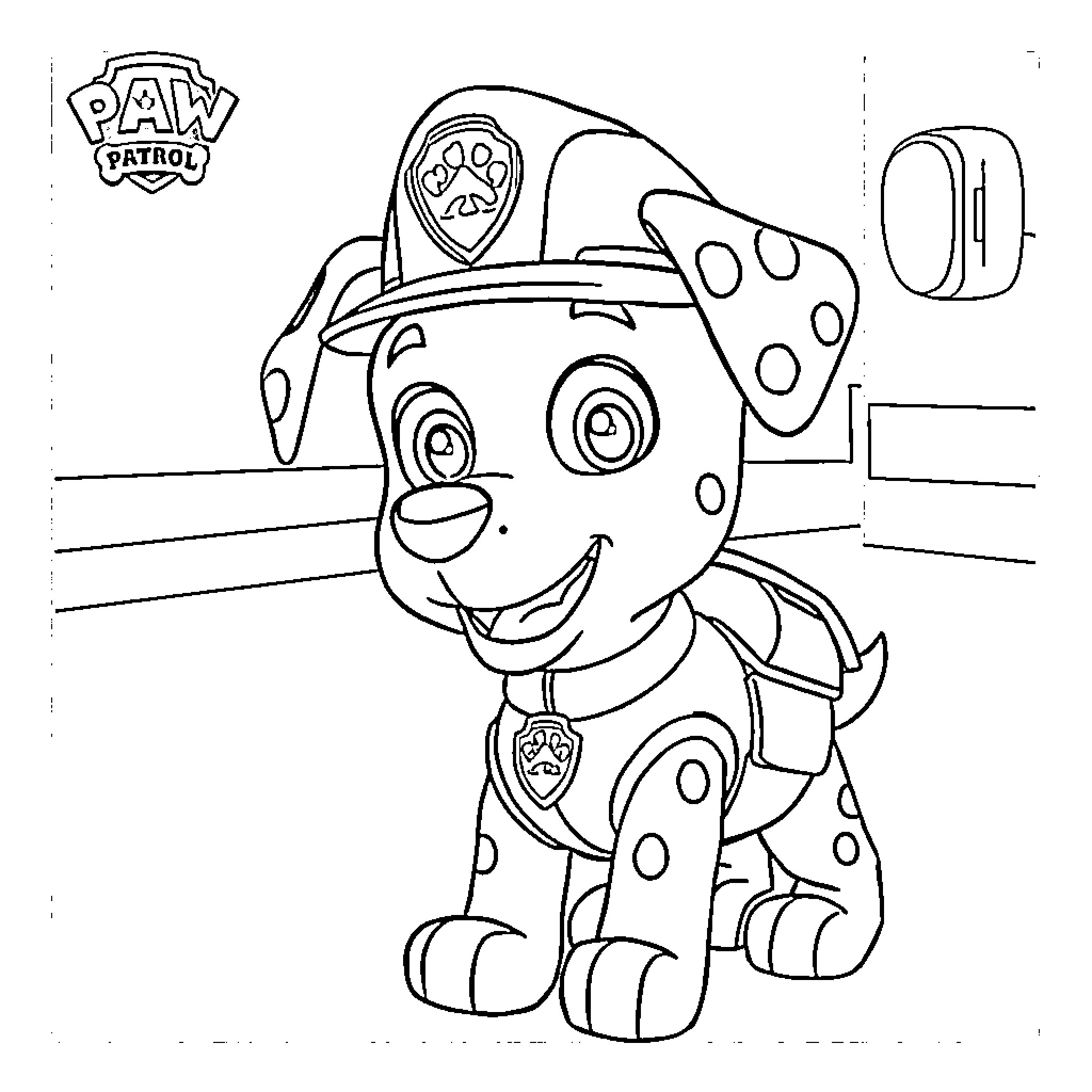 Paw Patrice happily smiling in uniform Coloring Page (free black-and-white line drawing printable PDF for all, from beginners to advanced learners, including children, teens, adults, and seniors)