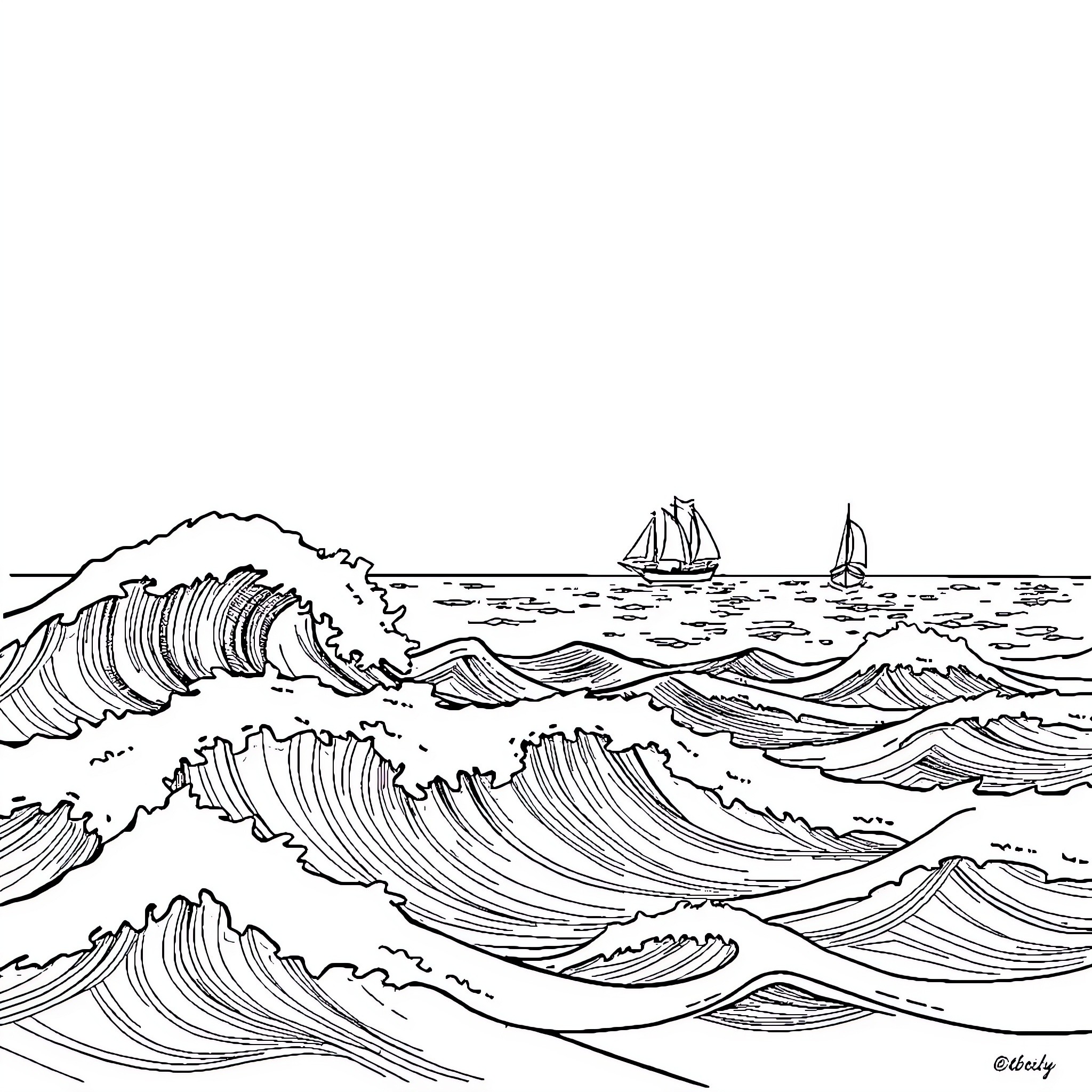 Ocean Waves and Sailing Ships at Sea Coloring Page (free black-and-white line drawing printable PDF for all, from beginners to advanced learners, including children, teens, adults, and seniors)
