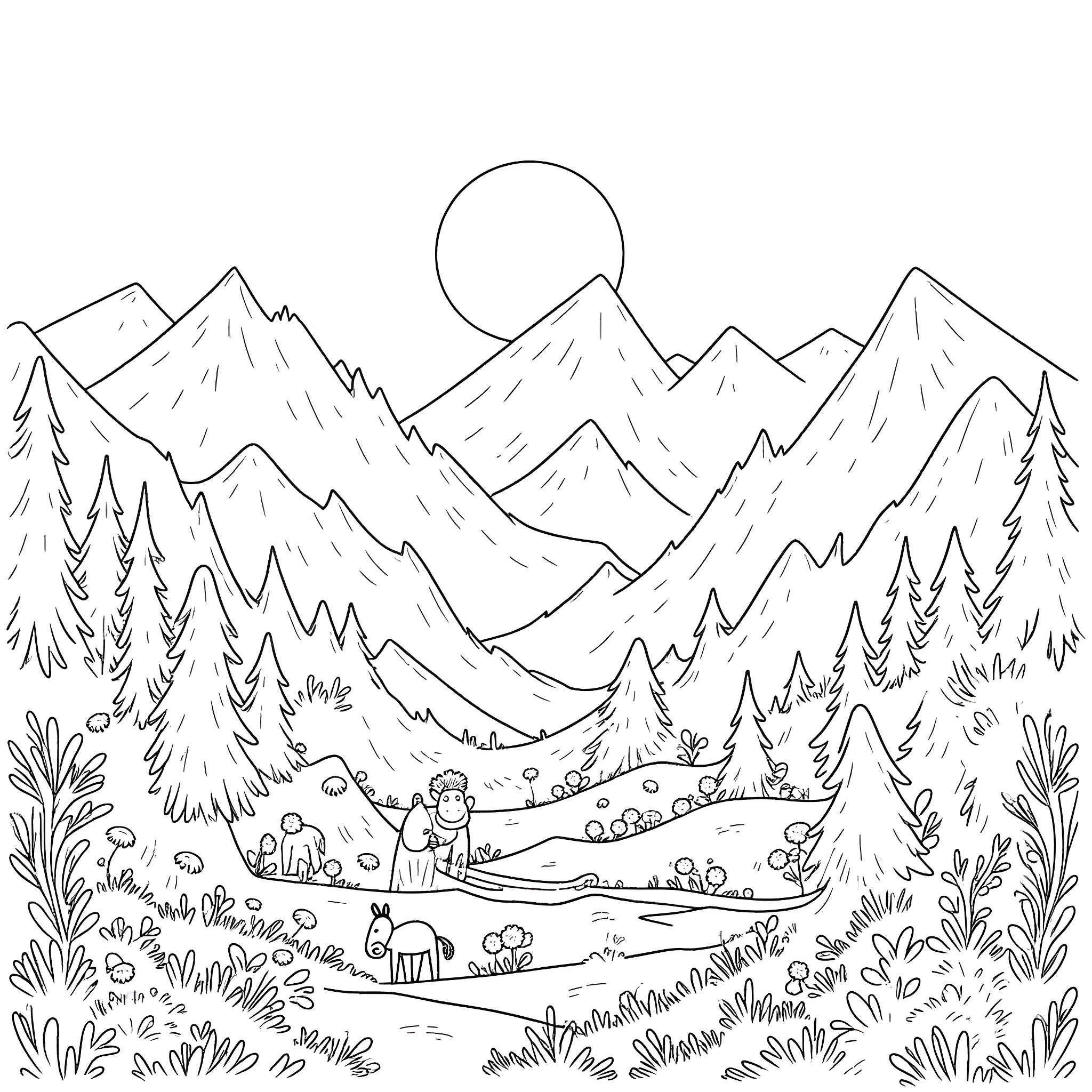 Mountain scene with hikers and wildlife Coloring Page (free black-and-white line drawing printable PDF for all, from beginners to advanced learners, including children, teens, adults, and seniors)