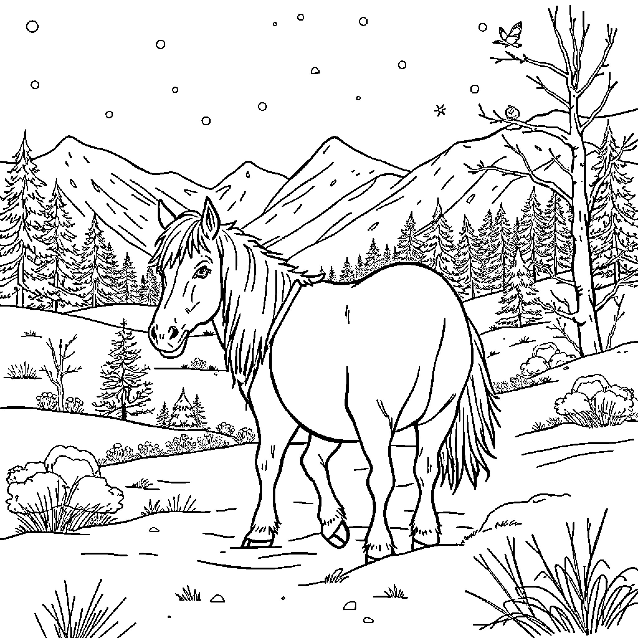 Queen Horse in Majestic Winter Landscape Coloring Page (free black-and-white line drawing printable PDF for all, from beginners to advanced learners, including children, teens, adults, and seniors)
