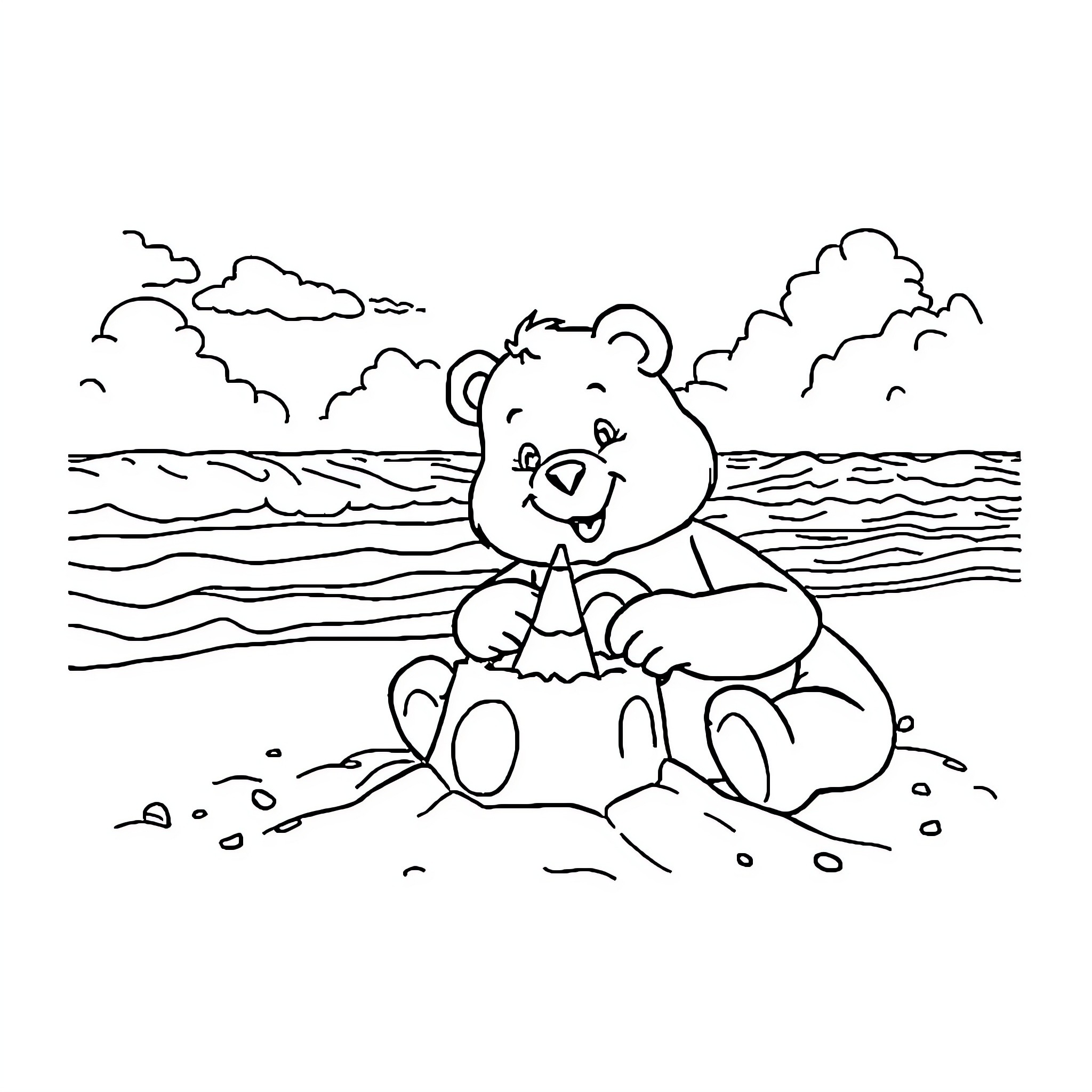 Care Bear relaxing on the beach Coloring Page (free black-and-white line drawing printable PDF for all, from beginners to advanced learners, including children, teens, adults, and seniors)