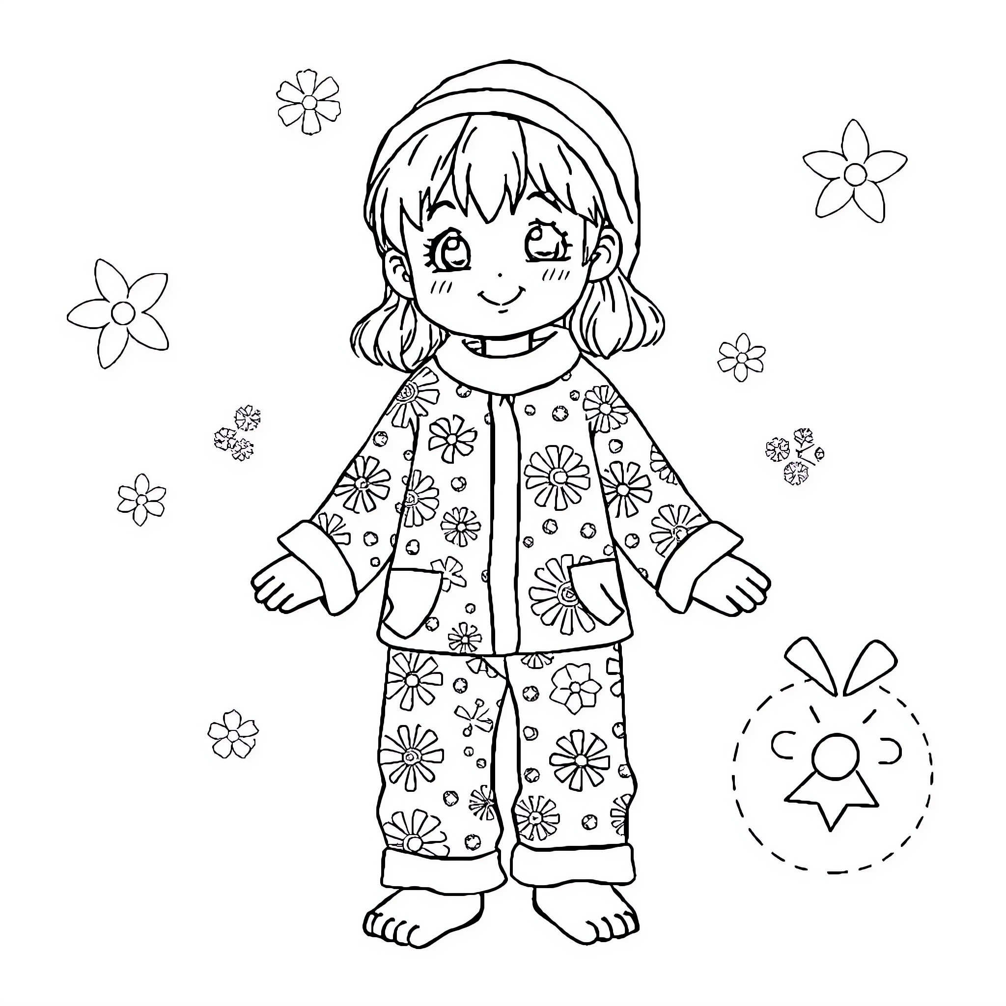Joyful Girl Surrounded by Delightful Flowers Coloring Page (free black-and-white line drawing printable PDF for all, from beginners to advanced learners, including children, teens, adults, and seniors)