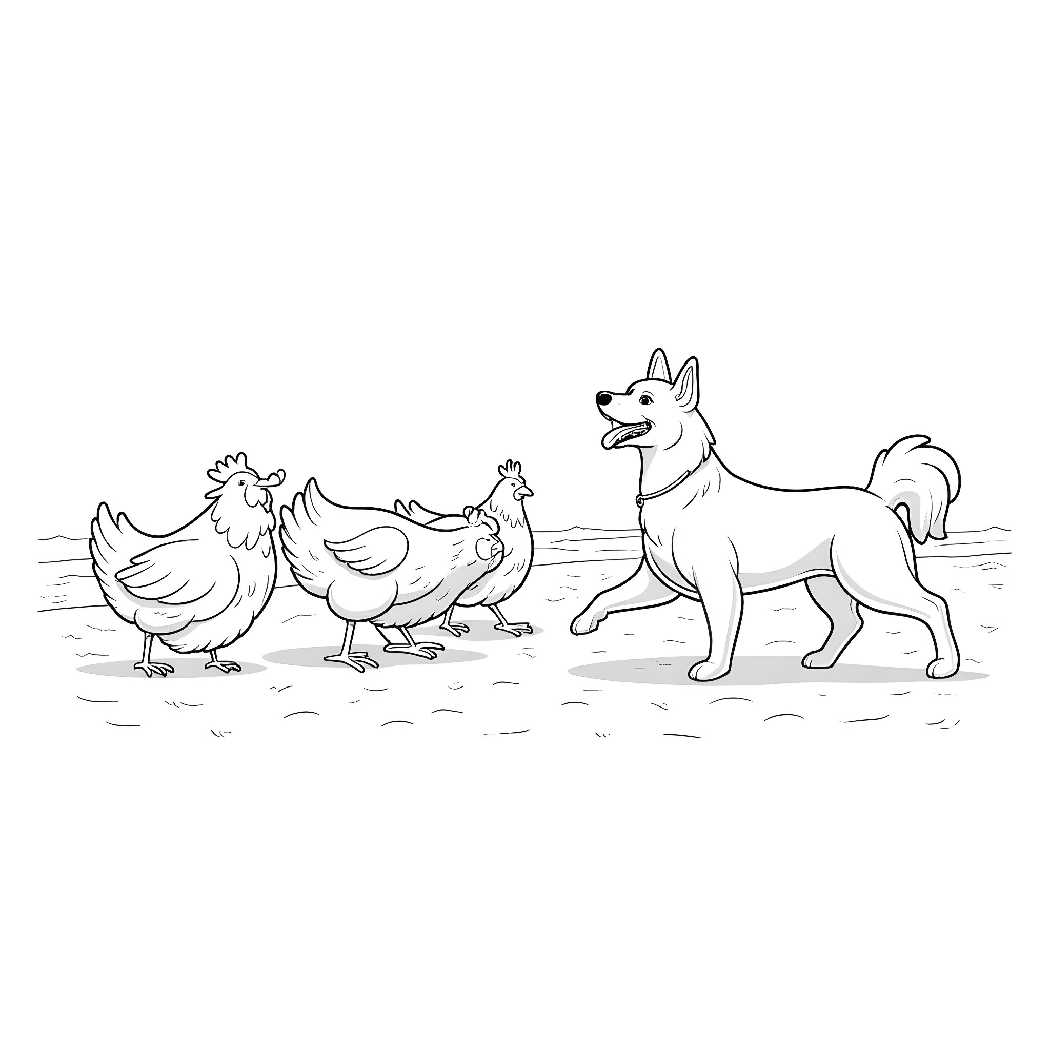 Dog herding chickens on a farm Coloring Page (free black-and-white line drawing printable PDF for all, from beginners to advanced learners, including children, teens, adults, and seniors)