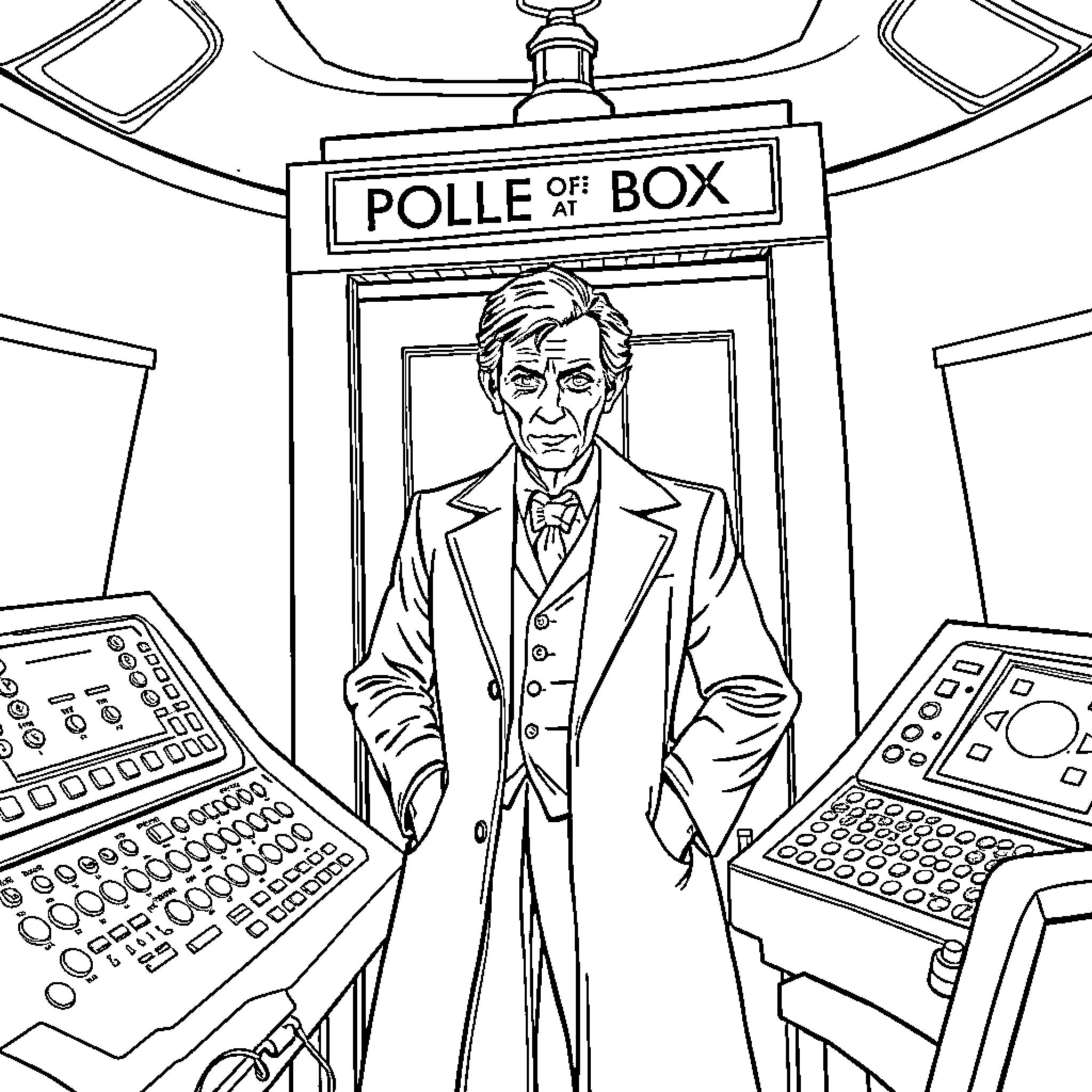 Doctor Who in the Tardis Control Room Coloring Page (free black-and-white line drawing printable PDF for all, from beginners to advanced learners, including children, teens, adults, and seniors)