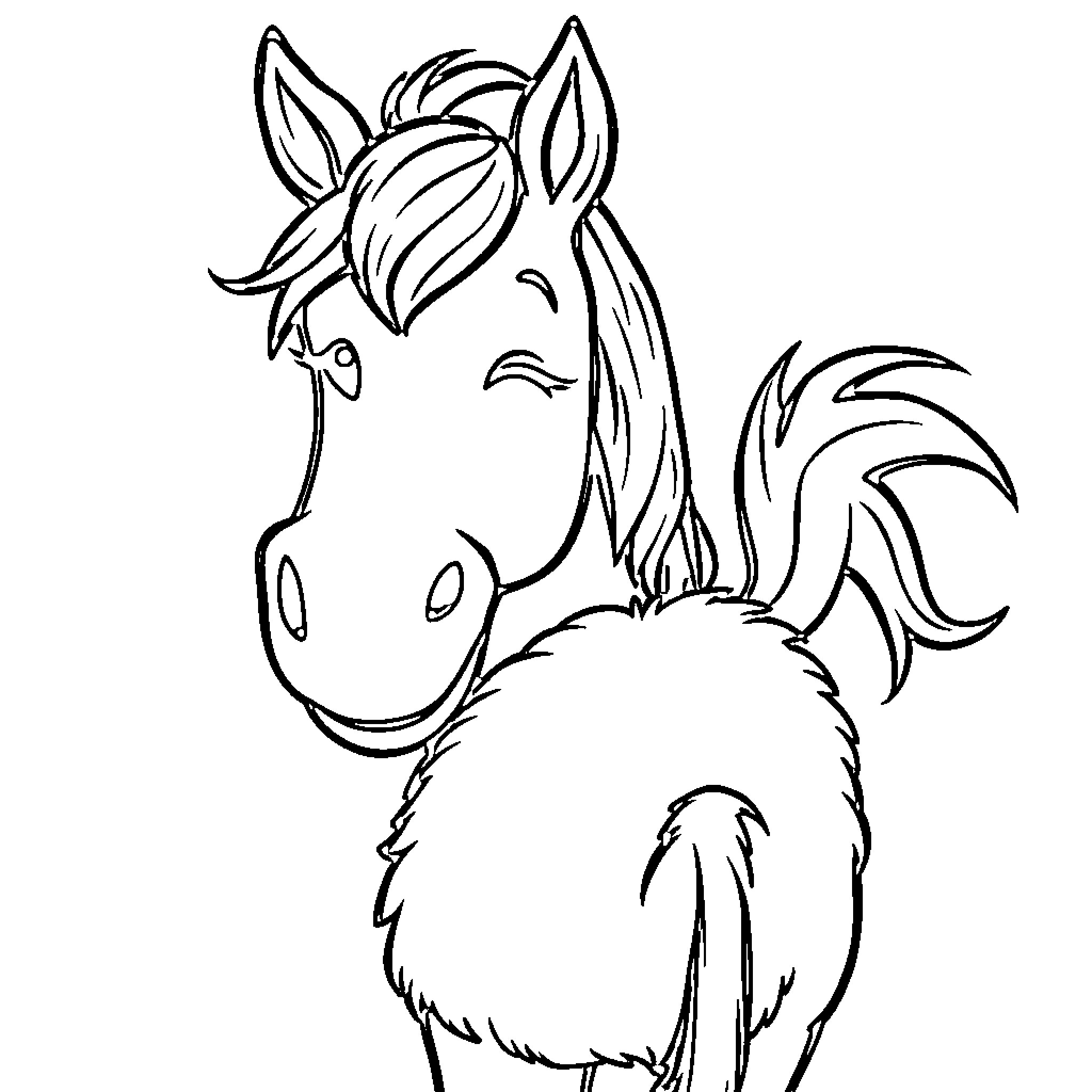 Horse with Expressive Face and Fluffy Mane Coloring Page (free black-and-white line drawing printable PDF for all, from beginners to advanced learners, including children, teens, adults, and seniors)