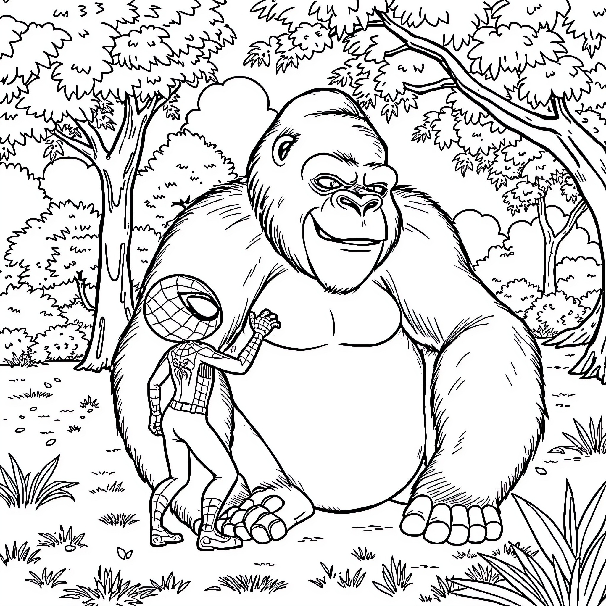Spidey encounters a friendly forest giant Coloring Page (free black-and-white line drawing printable PDF for all, from beginners to advanced learners, including children, teens, adults, and seniors)