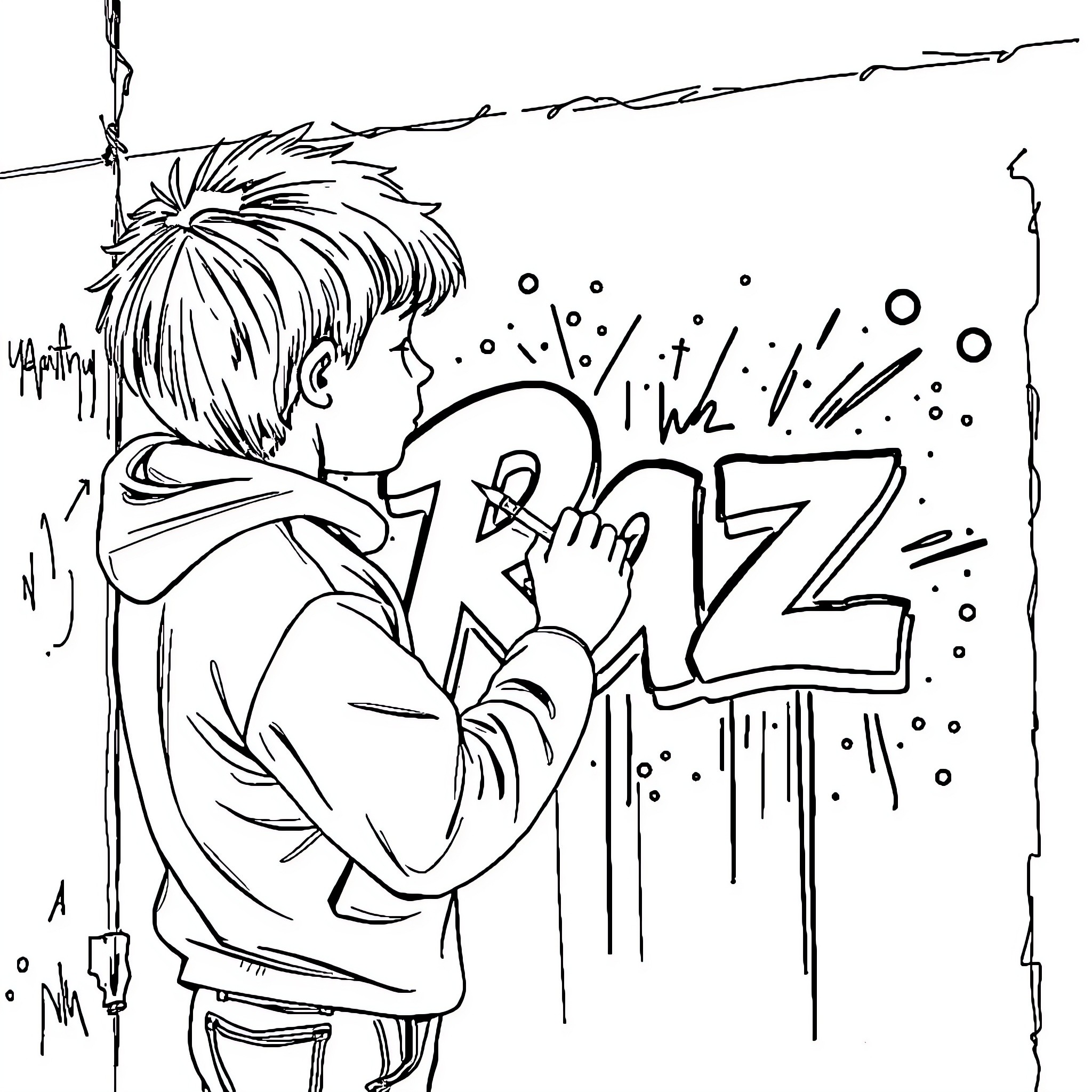 Graffiti artist creating vibrant urban artwork Coloring Page (free black-and-white line drawing printable PDF for all, from beginners to advanced learners, including children, teens, adults, and seniors)