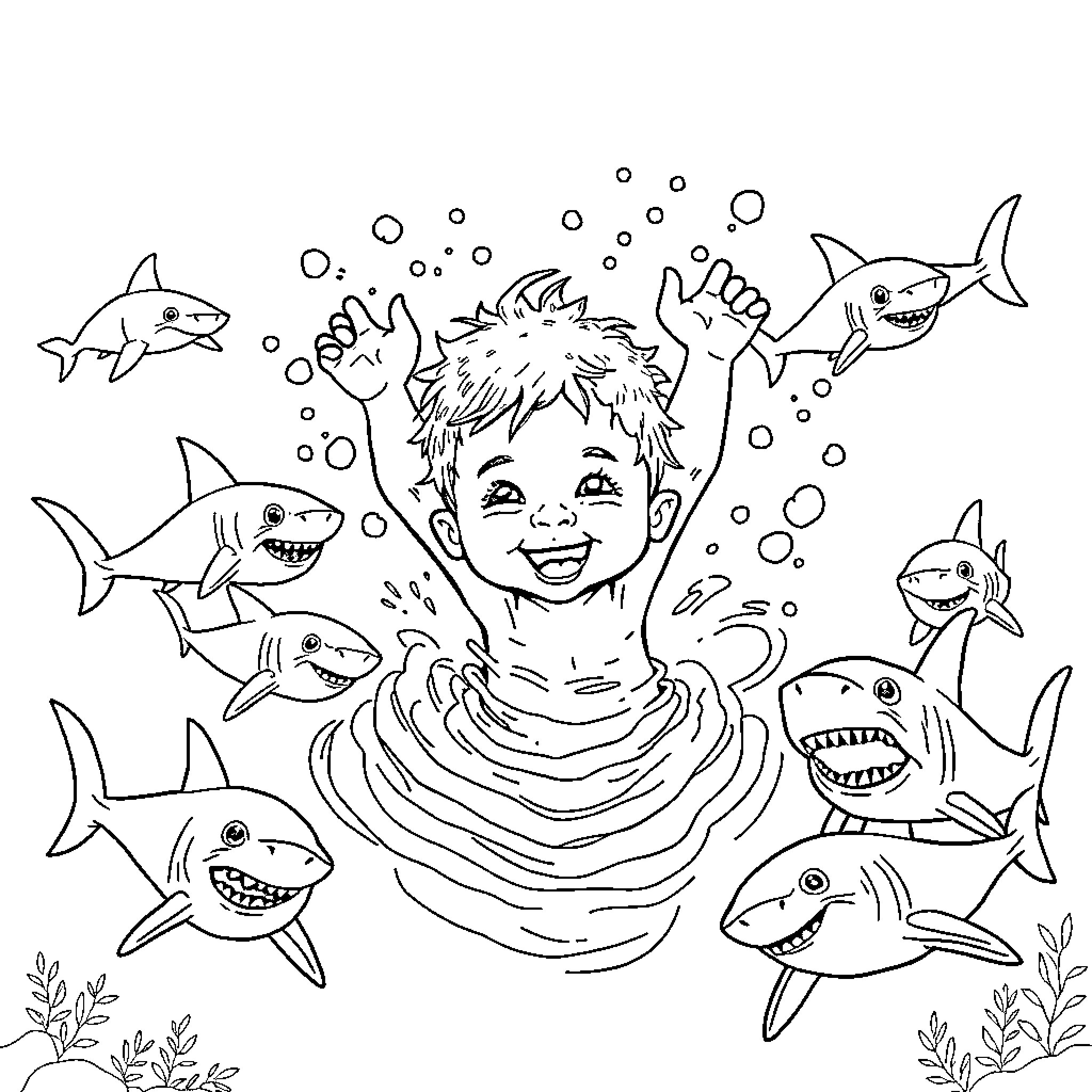 Toddler joyfully playing with smiling sharks underwater Coloring Page (free black-and-white line drawing printable PDF for all, from beginners to advanced learners, including children, teens, adults, and seniors)