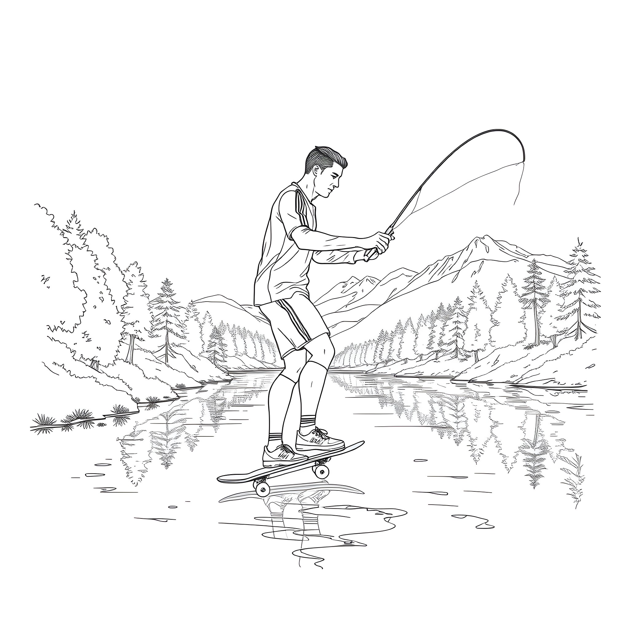 Christiano Ronaldo fishing on a skateboard in nature Coloring Page (free black-and-white line drawing printable PDF for all, from beginners to advanced learners, including children, teens, adults, and seniors)