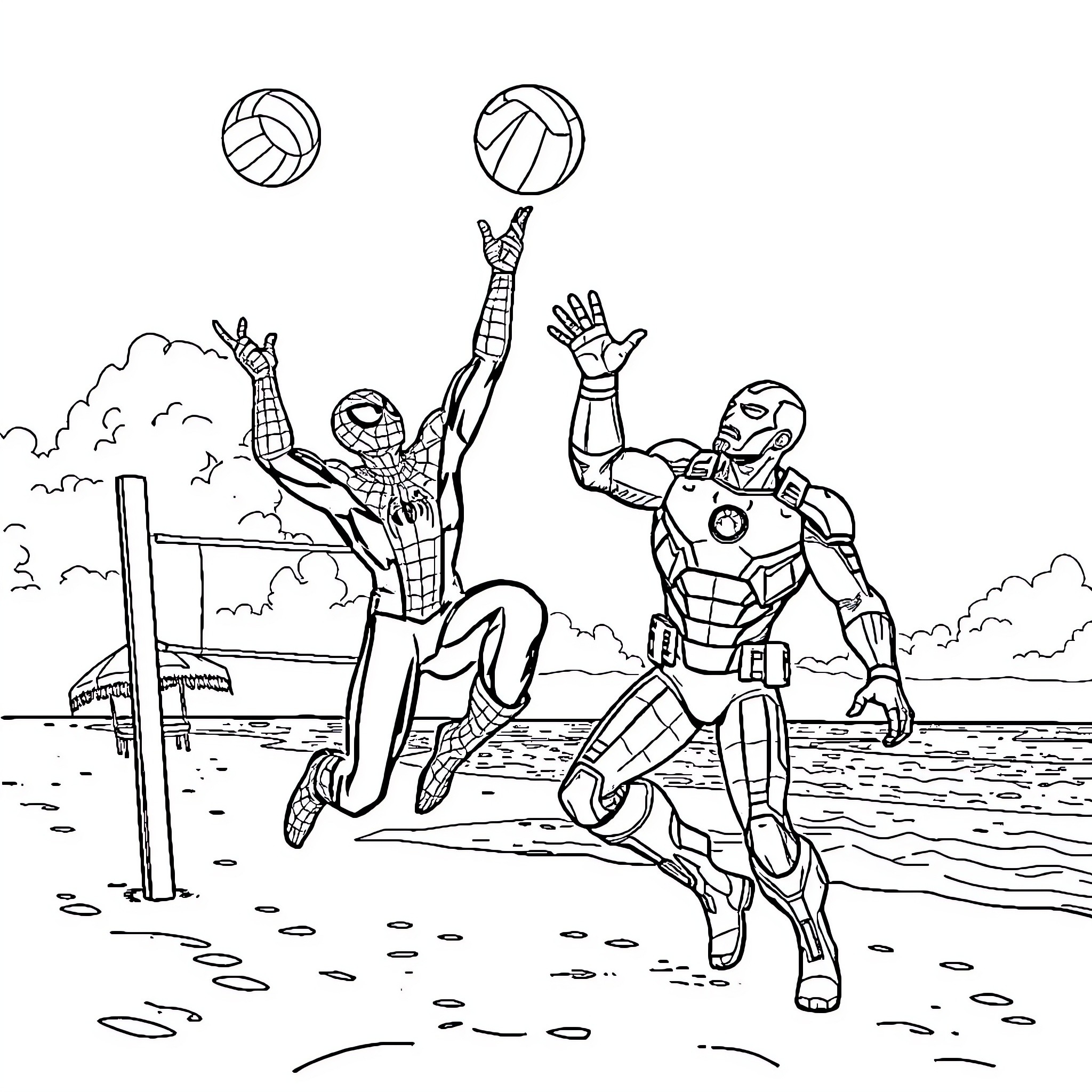 Spiderman and Iron Man playing volleyball Coloring Page (free black-and-white line drawing printable PDF for all, from beginners to advanced learners, including children, teens, adults, and seniors)