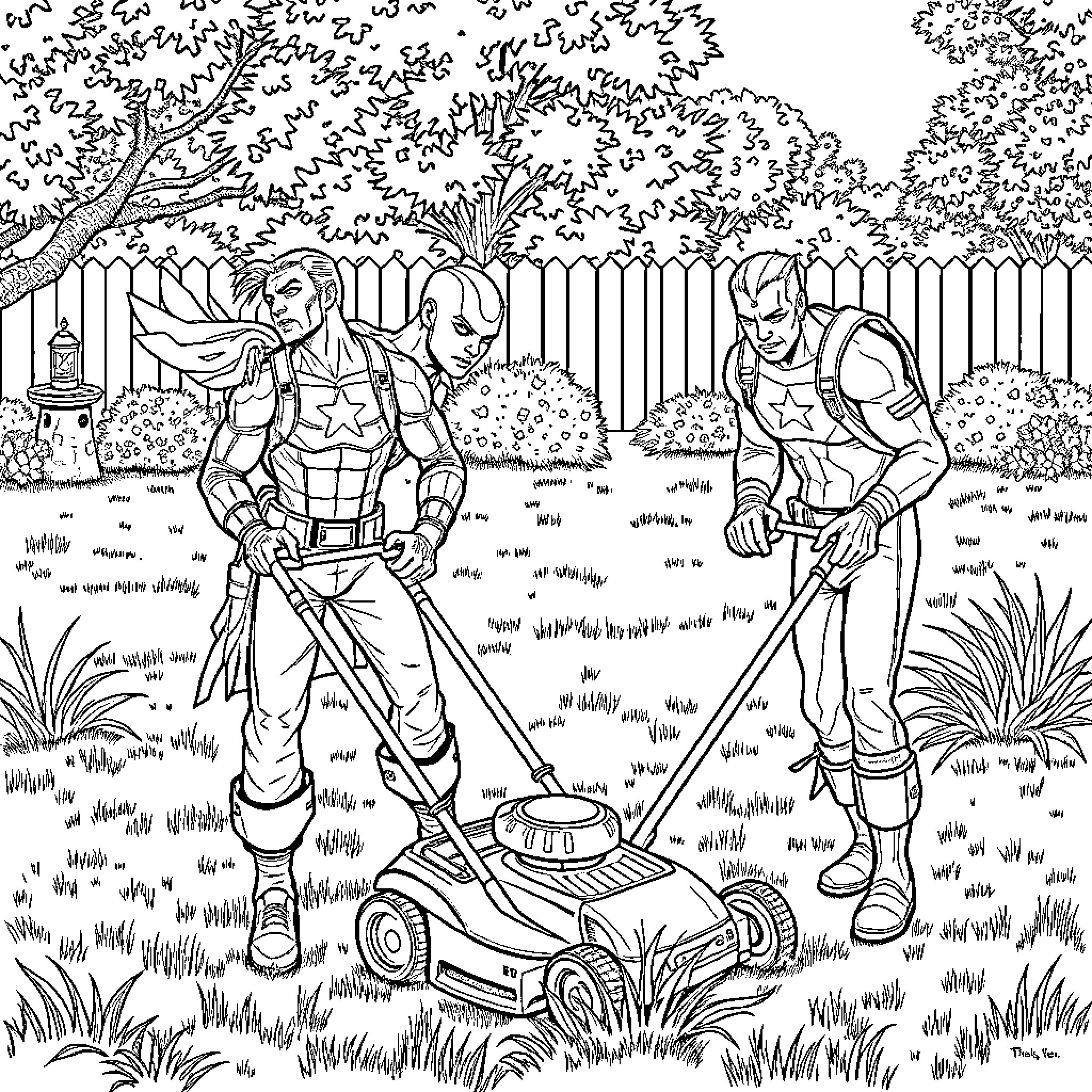 Avengers Mowing the Lawn in Suburban Garden Coloring Page (free black-and-white line drawing printable PDF for all, from beginners to advanced learners, including children, teens, adults, and seniors)