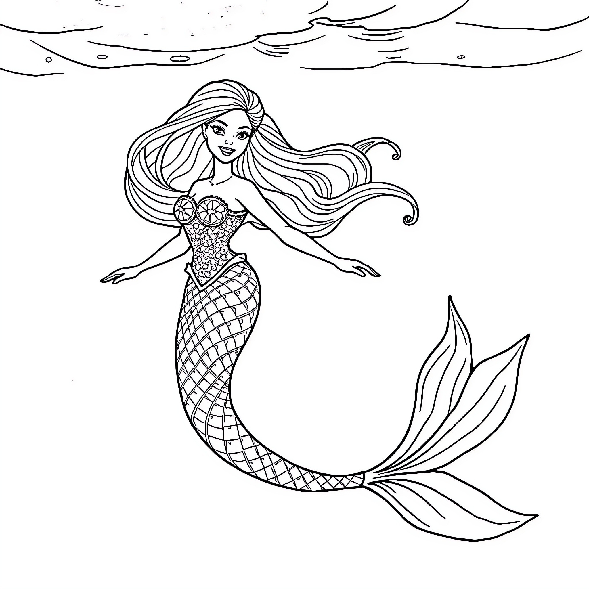 Barbie mermaid swimming gracefully in the ocean Coloring Page (free black-and-white line drawing printable PDF for all, from beginners to advanced learners, including children, teens, adults, and seniors)