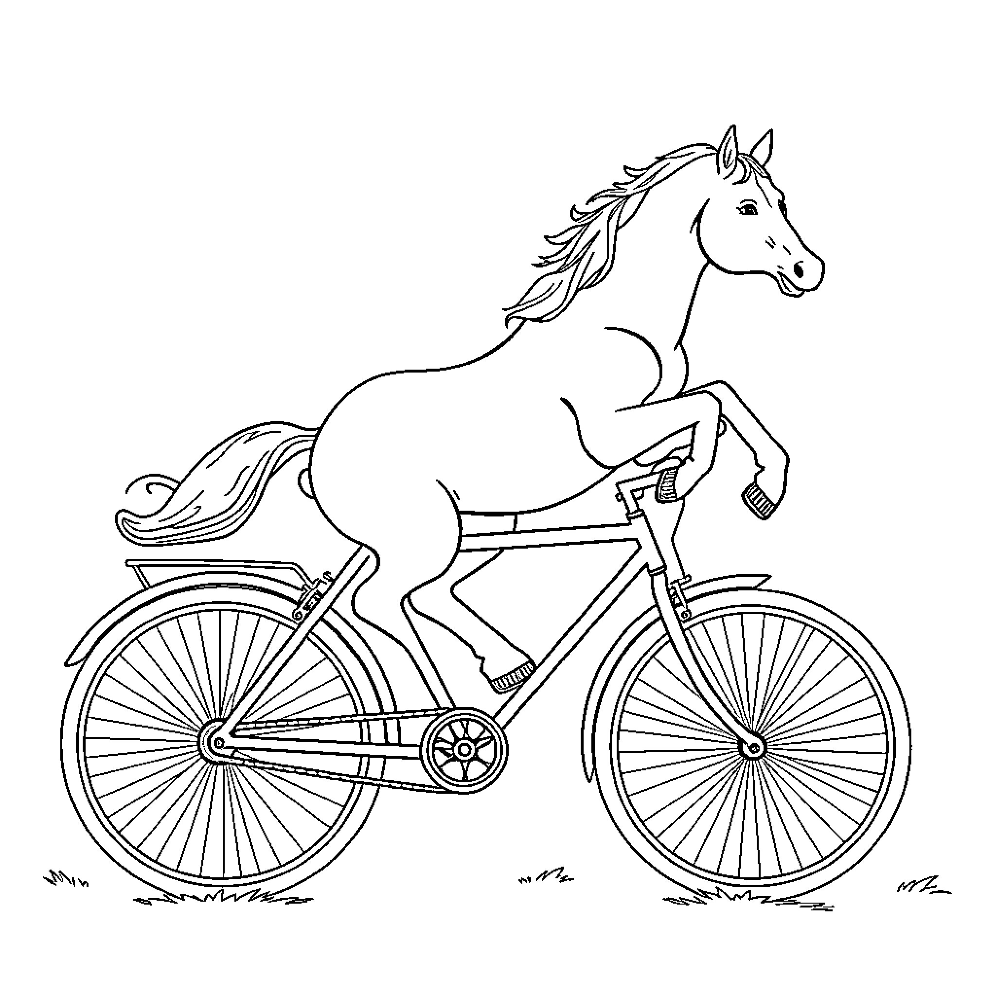 Horse riding a bicycle in the park Coloring Page (free black-and-white line drawing printable PDF for all, from beginners to advanced learners, including children, teens, adults, and seniors)