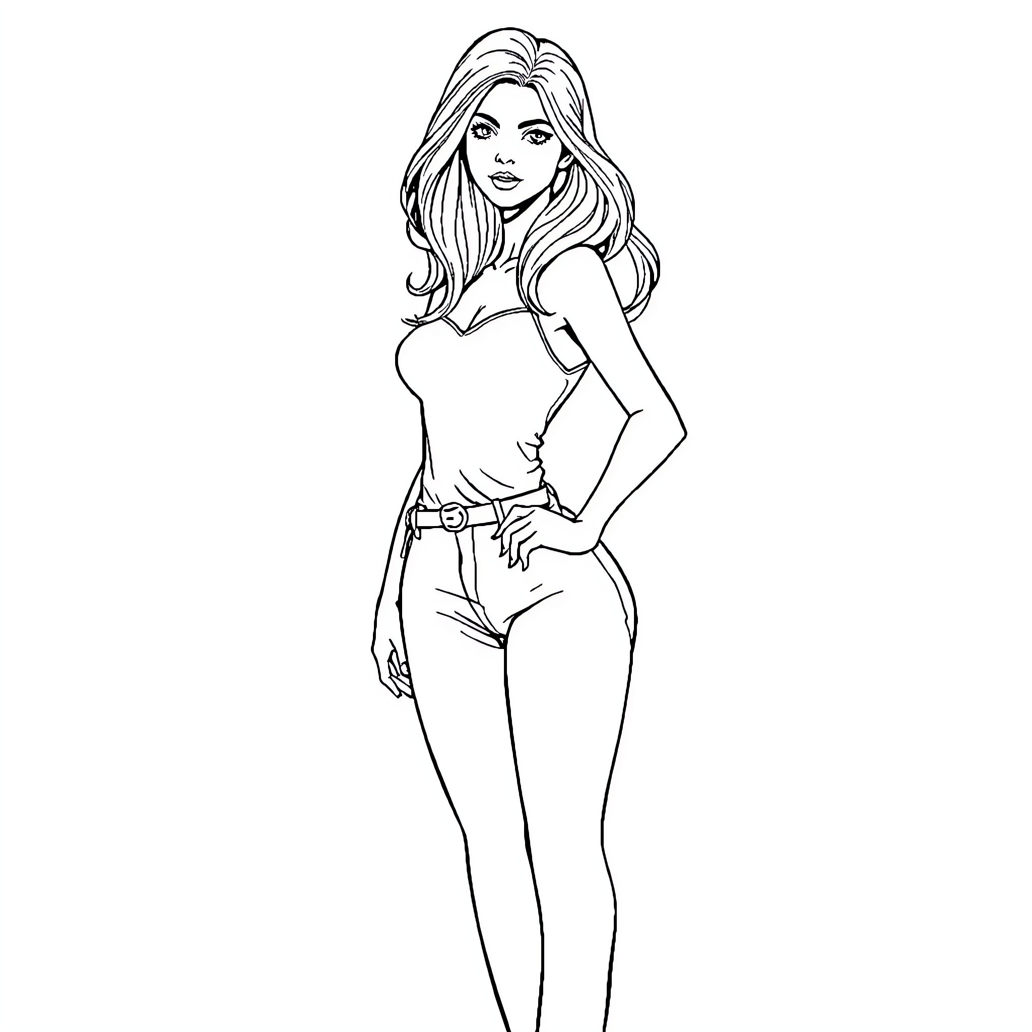 Girl in Stylish Outfit Posing Confidently Coloring Page (free black-and-white line drawing printable PDF for all, from beginners to advanced learners, including children, teens, adults, and seniors)