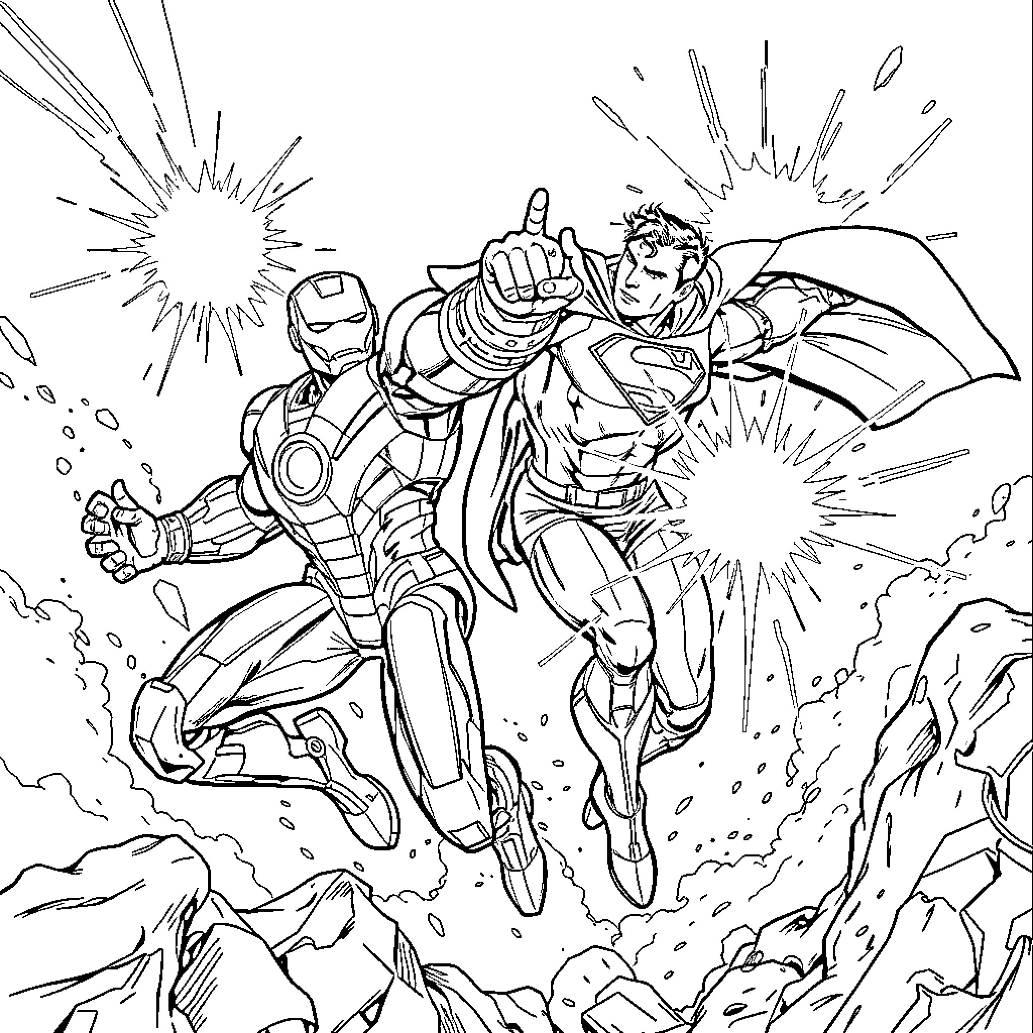 Ironman and Superman battle heroically Coloring Page (free black-and-white line drawing printable PDF for all, from beginners to advanced learners, including children, teens, adults, and seniors)