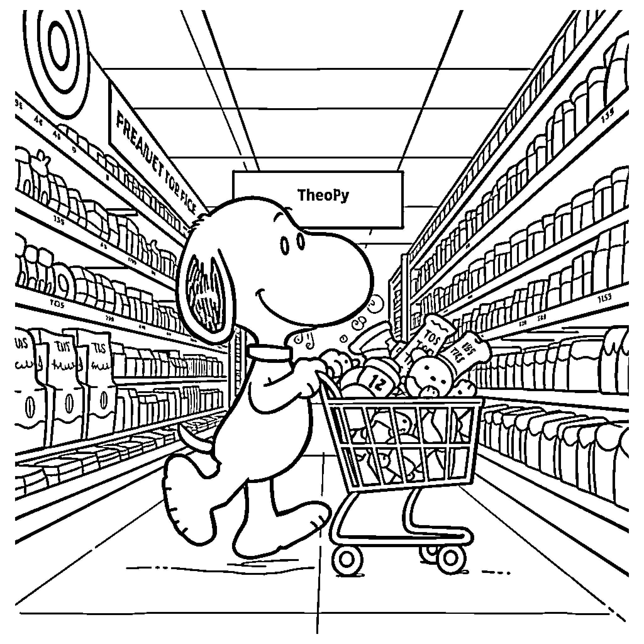 Snoopy shopping happily in the supermarket Coloring Page (free black-and-white line drawing printable PDF for all, from beginners to advanced learners, including children, teens, adults, and seniors)