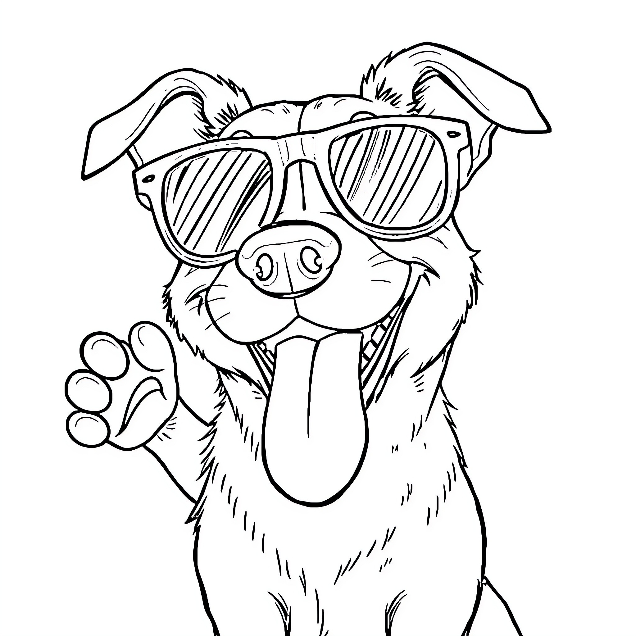Dog wearing funny glasses and panting Coloring Page (free black-and-white line drawing printable PDF for all, from beginners to advanced learners, including children, teens, adults, and seniors)