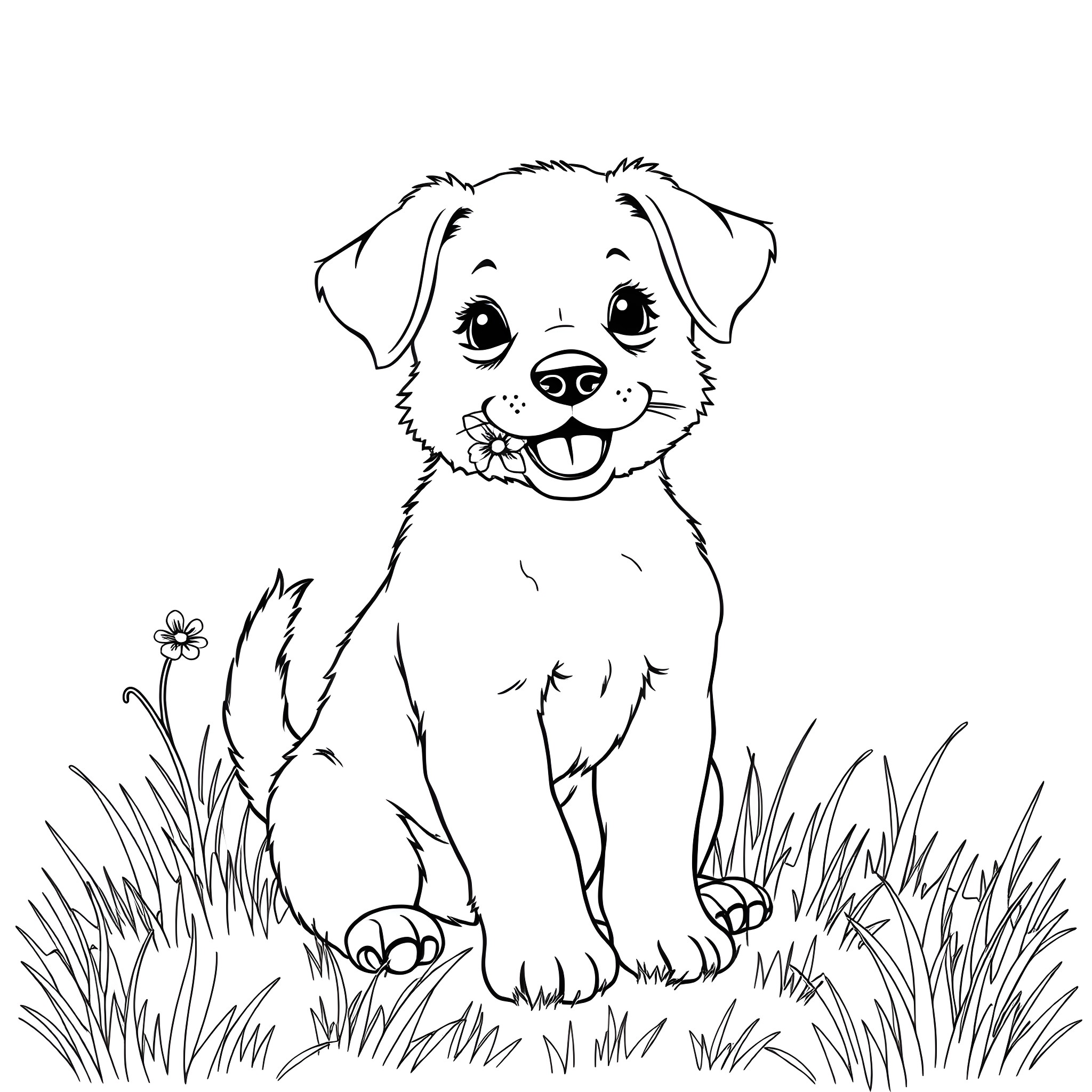 Puppy sitting happily in the grass Coloring Page (free black-and-white line drawing printable PDF for all, from beginners to advanced learners, including children, teens, adults, and seniors)