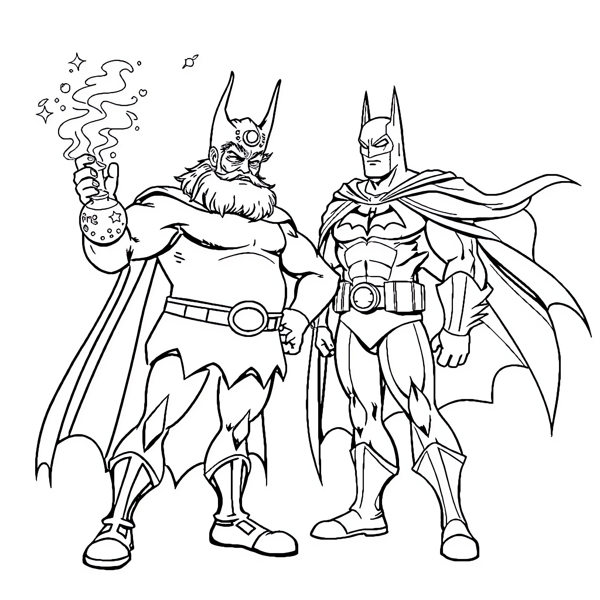 Asterix and Batman in an epic adventure Coloring Page (free black-and-white line drawing printable PDF for all, from beginners to advanced learners, including children, teens, adults, and seniors)