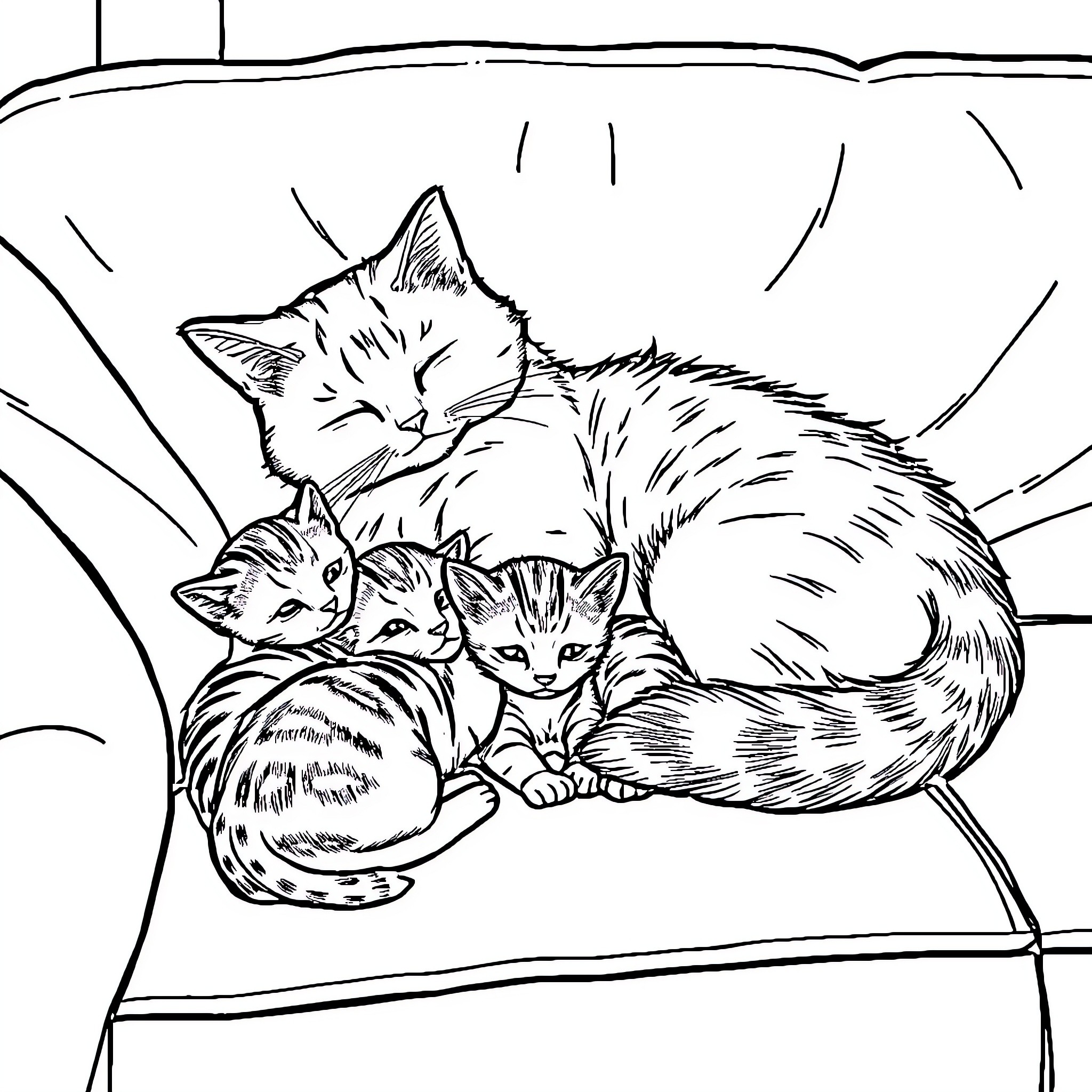 Cat with kittens resting together Coloring Page (free black-and-white line drawing printable PDF for all, from beginners to advanced learners, including children, teens, adults, and seniors)