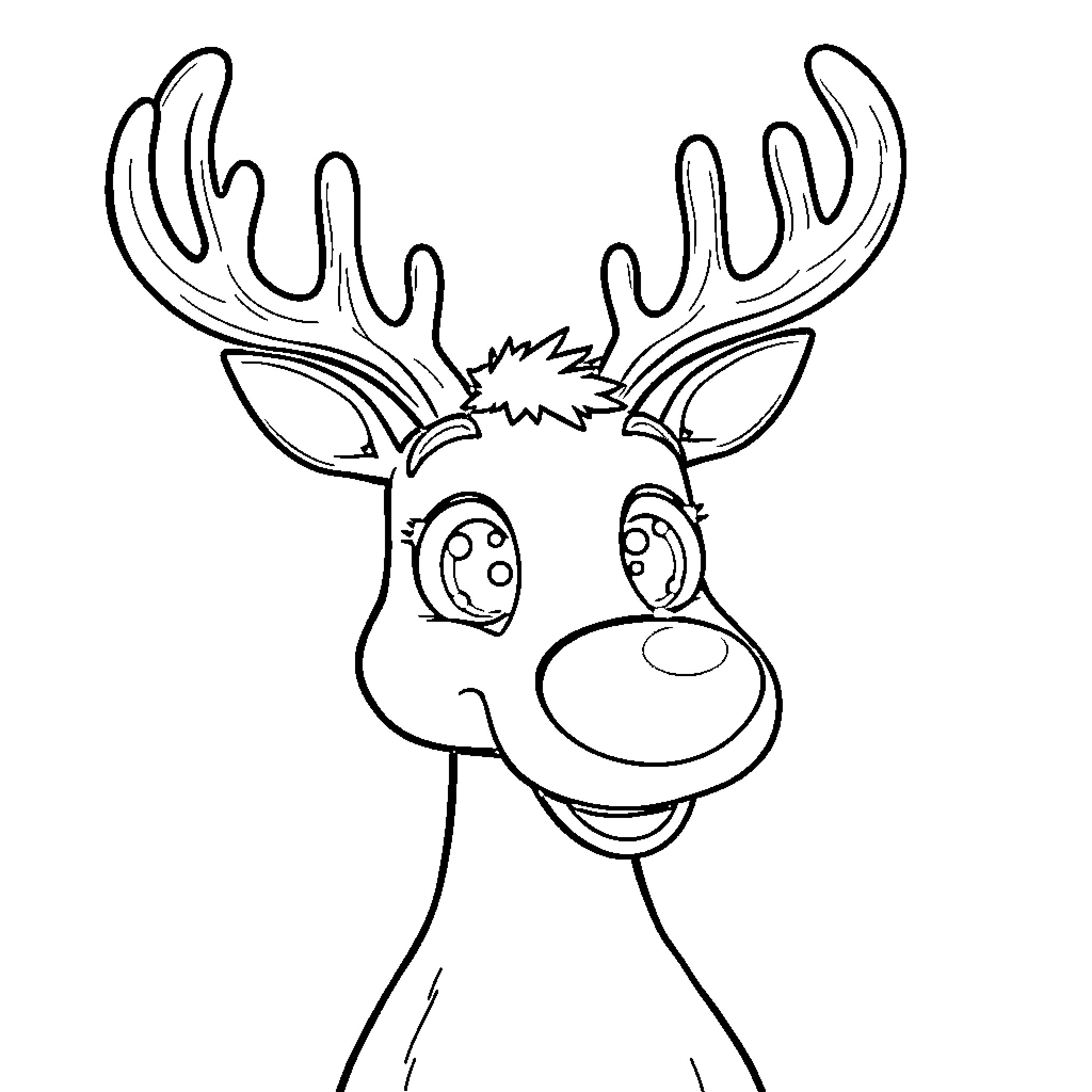 Reindeer with a cheerful expression Coloring Page (free black-and-white line drawing printable PDF for all, from beginners to advanced learners, including children, teens, adults, and seniors)