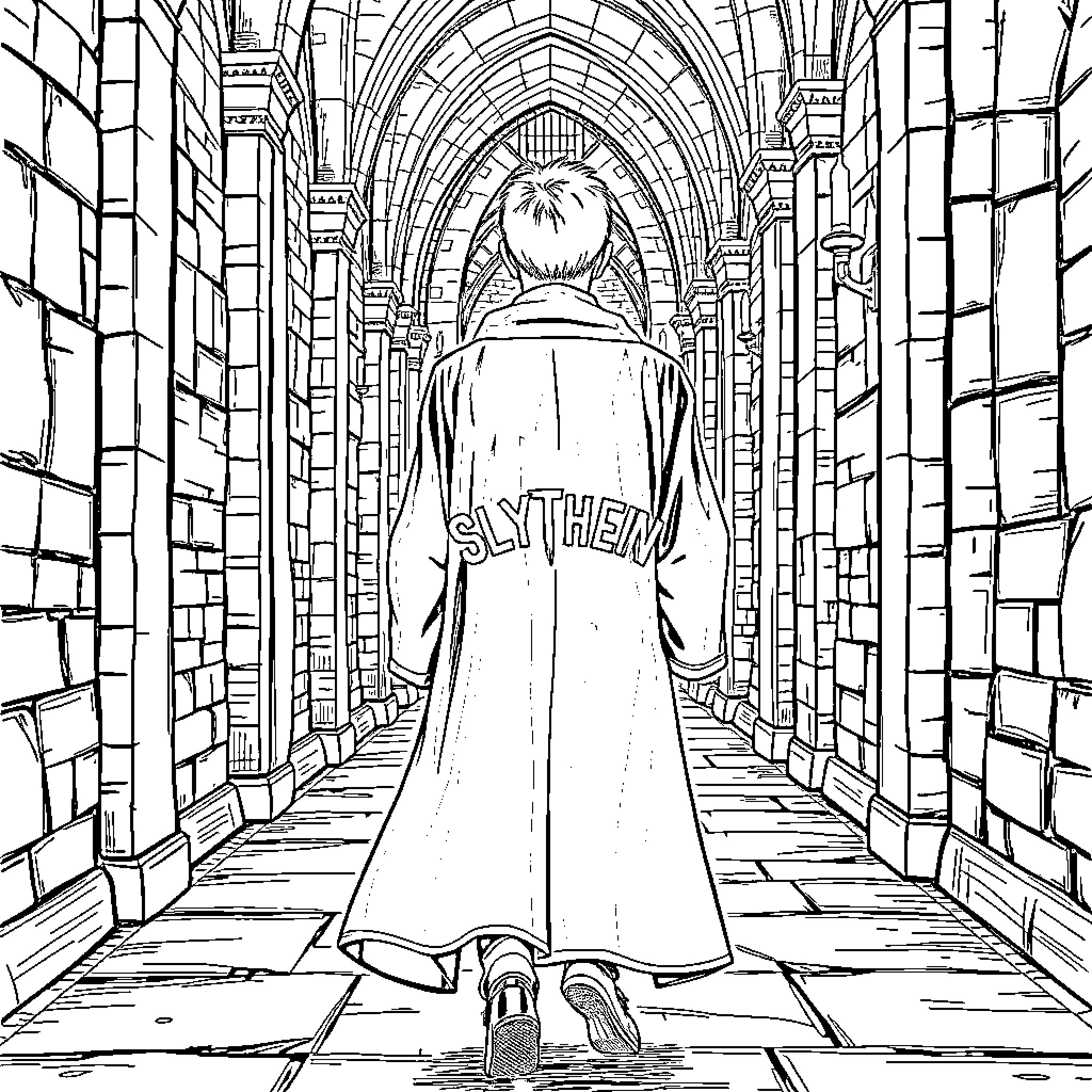Draco Malfoy walking through the Slytherin hallway Coloring Page (free black-and-white line drawing printable PDF for all, from beginners to advanced learners, including children, teens, adults, and seniors)