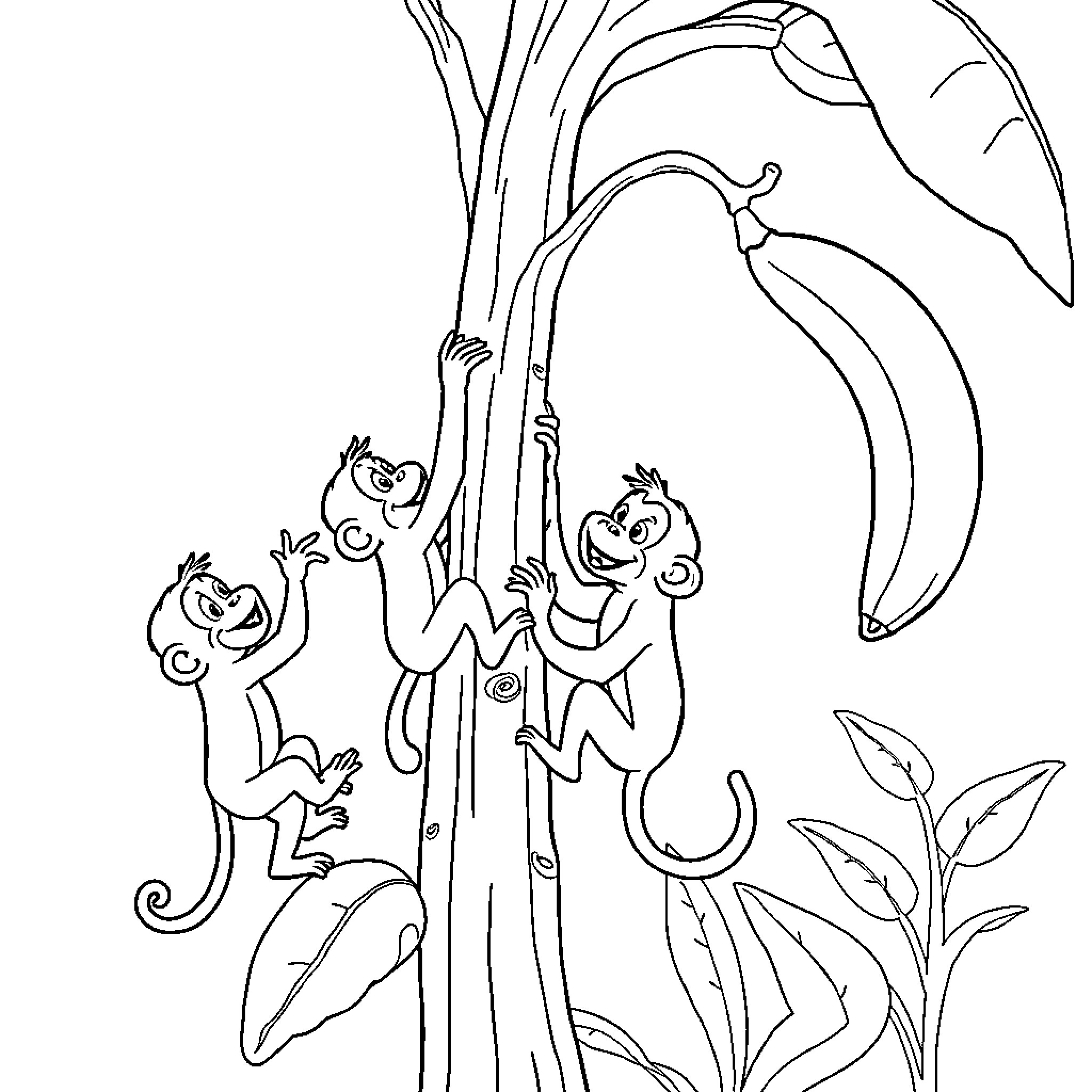 Monkey friends playing in the jungle Coloring Page (free black-and-white line drawing printable PDF for all, from beginners to advanced learners, including children, teens, adults, and seniors)