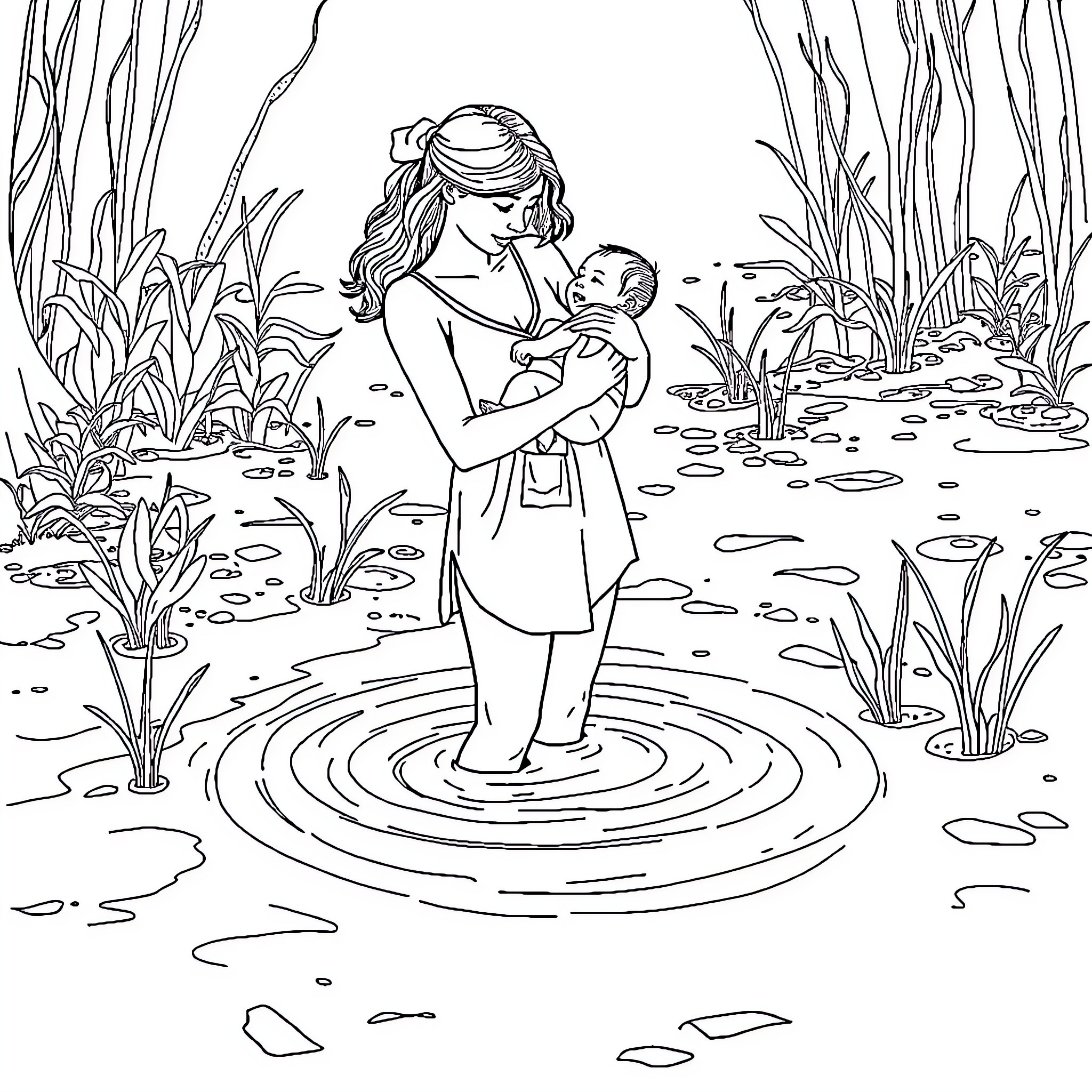 Woman embracing baby in natural landscape Coloring Page (free black-and-white line drawing printable PDF for all, from beginners to advanced learners, including children, teens, adults, and seniors)