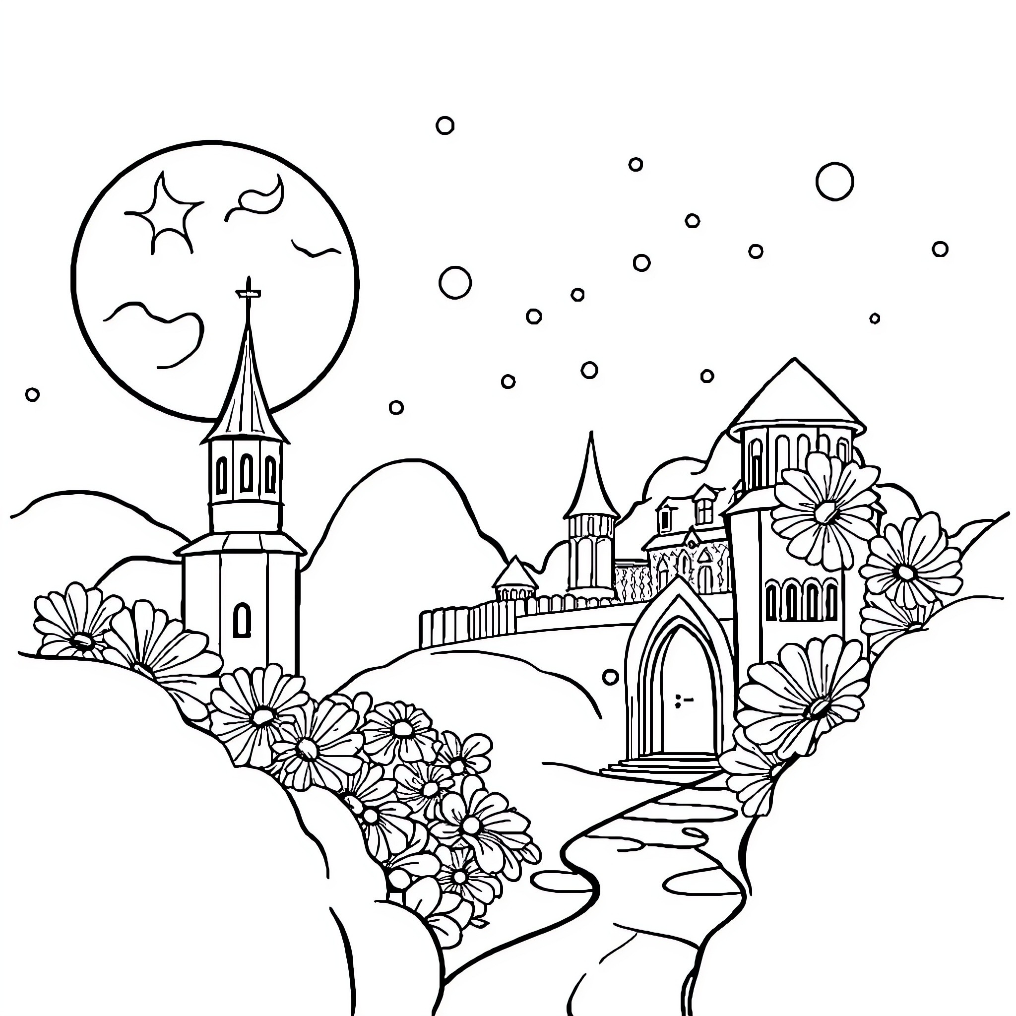 Art of a Whimsical Castle Landscape with Flowers Coloring Page (free black-and-white line drawing printable PDF for all, from beginners to advanced learners, including children, teens, adults, and seniors)