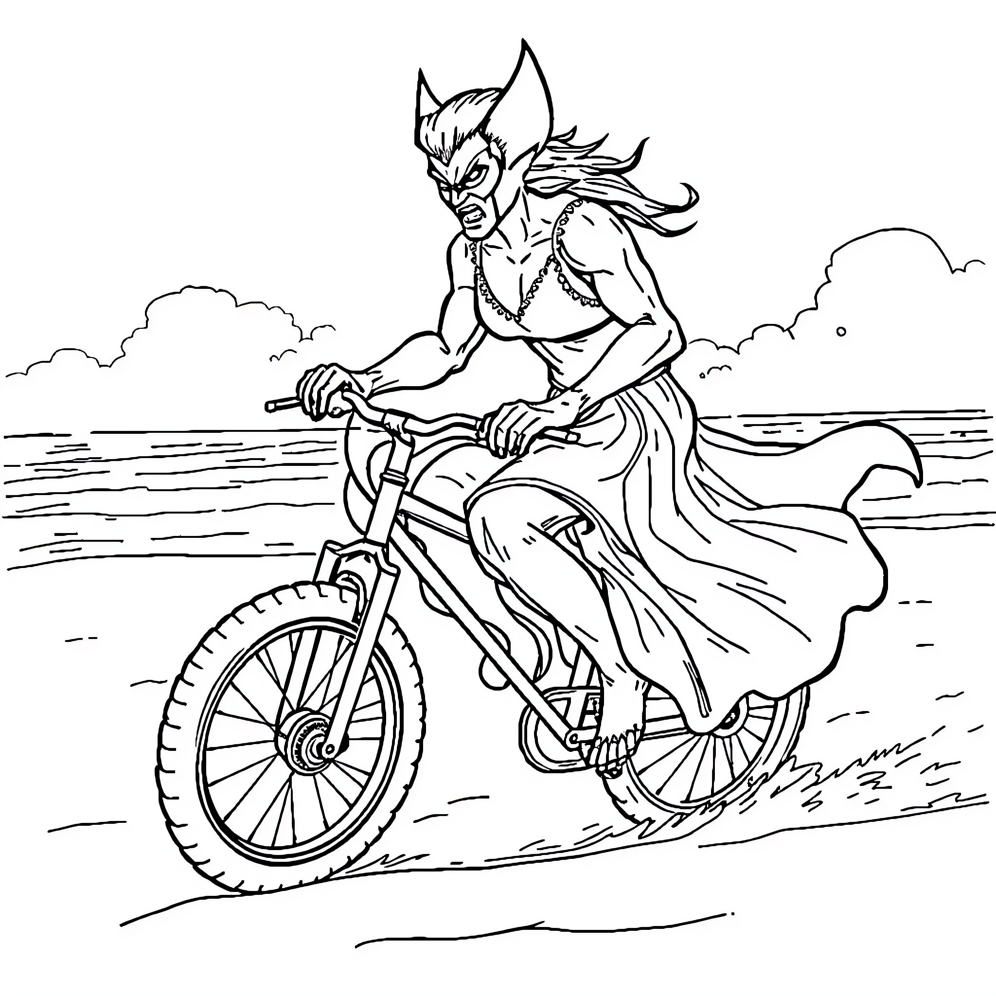 Wolverine riding a motorcycle through the wilderness Coloring Page (free black-and-white line drawing printable PDF for all, from beginners to advanced learners, including children, teens, adults, and seniors)