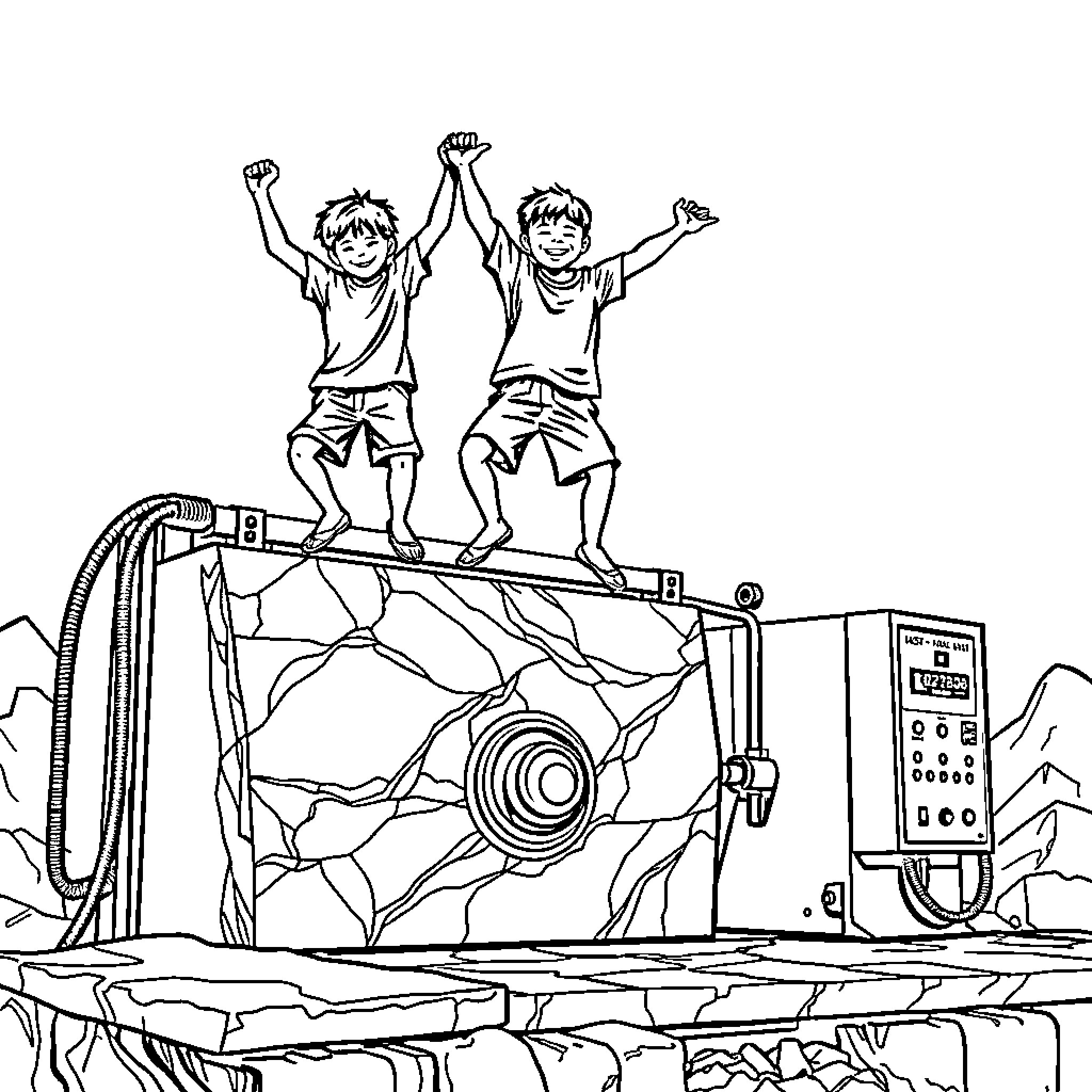 Boys Celebrating Victory on Game Console Coloring Page (free black-and-white line drawing printable PDF for all, from beginners to advanced learners, including children, teens, adults, and seniors)