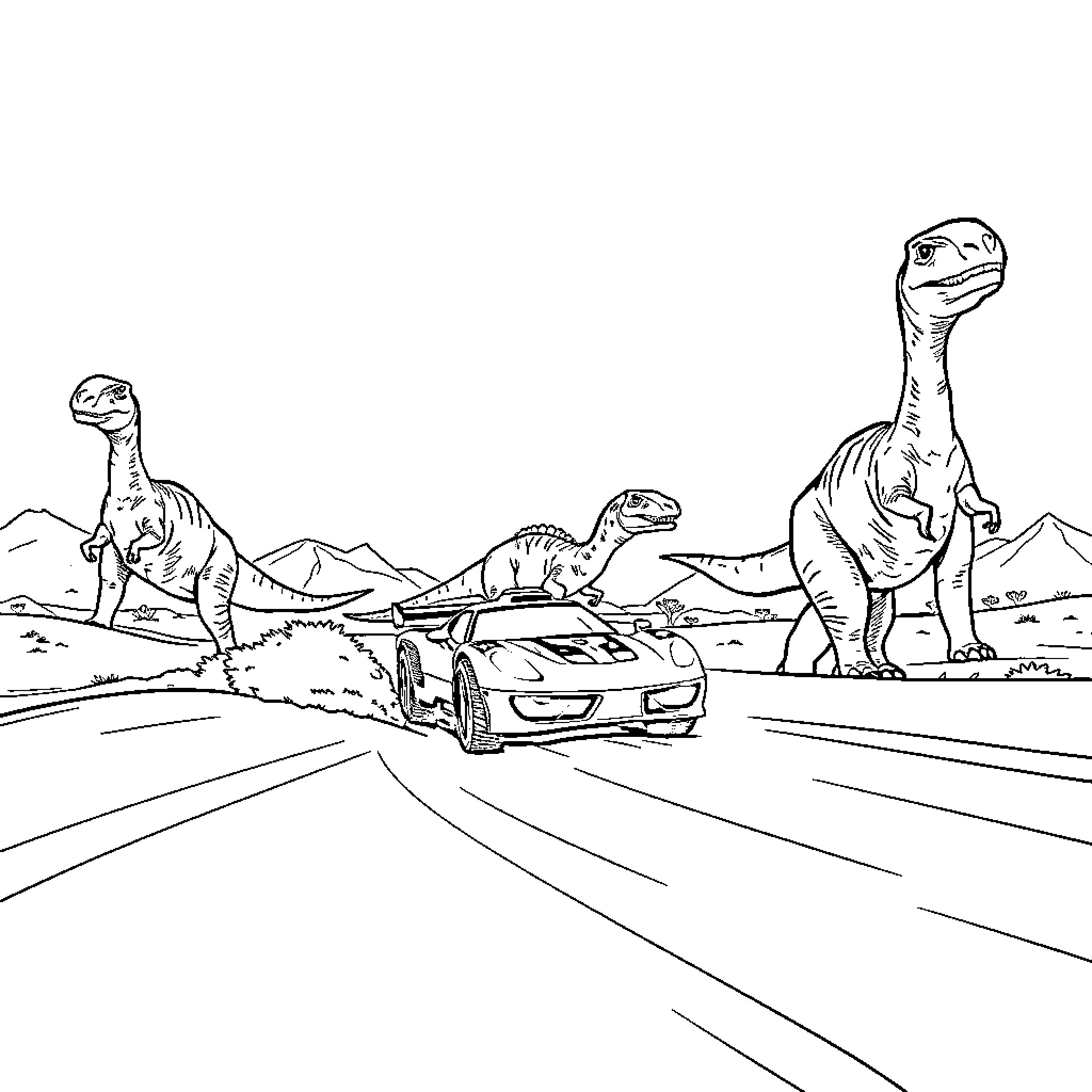 Race Car Chased by Dinosaurs on Prehistoric Road Coloring Page (free black-and-white line drawing printable PDF for all, from beginners to advanced learners, including children, teens, adults, and seniors)