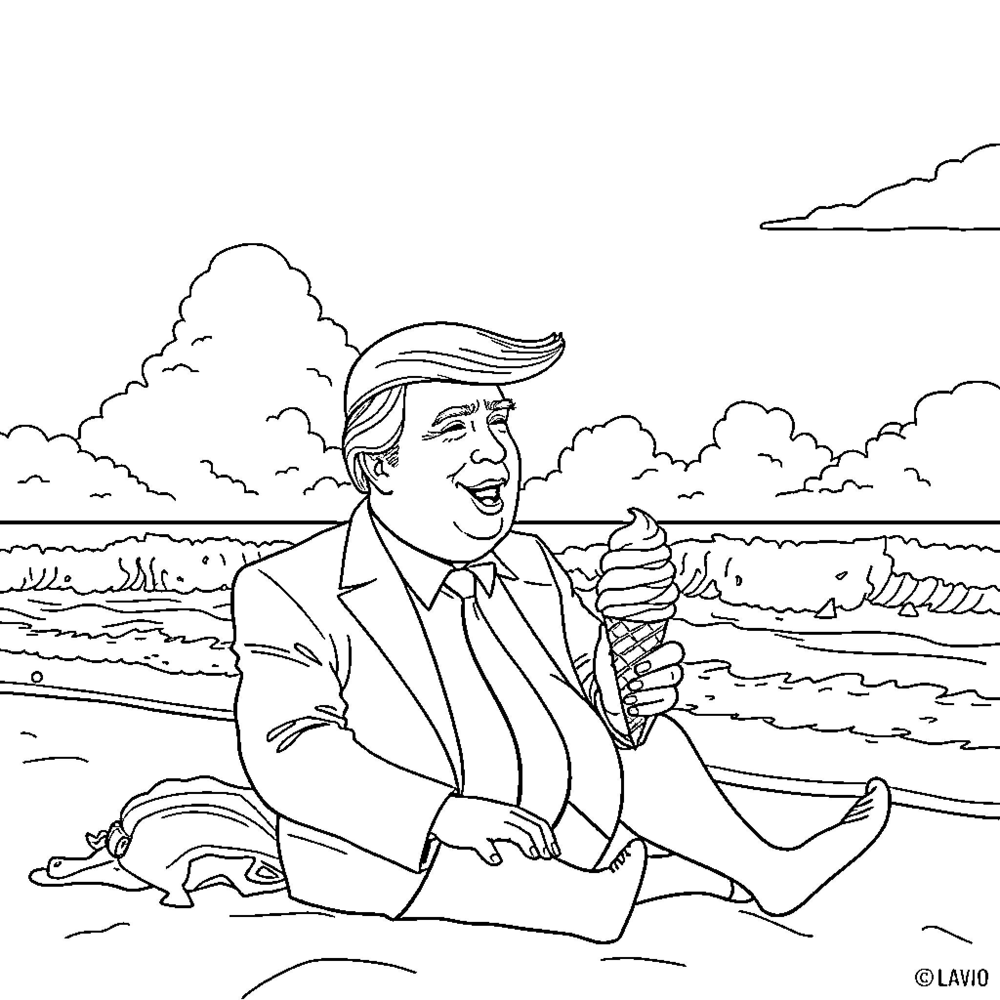 Trump enjoying an ice cream cone on the beach Coloring Page (free black-and-white line drawing printable PDF for all, from beginners to advanced learners, including children, teens, adults, and seniors)
