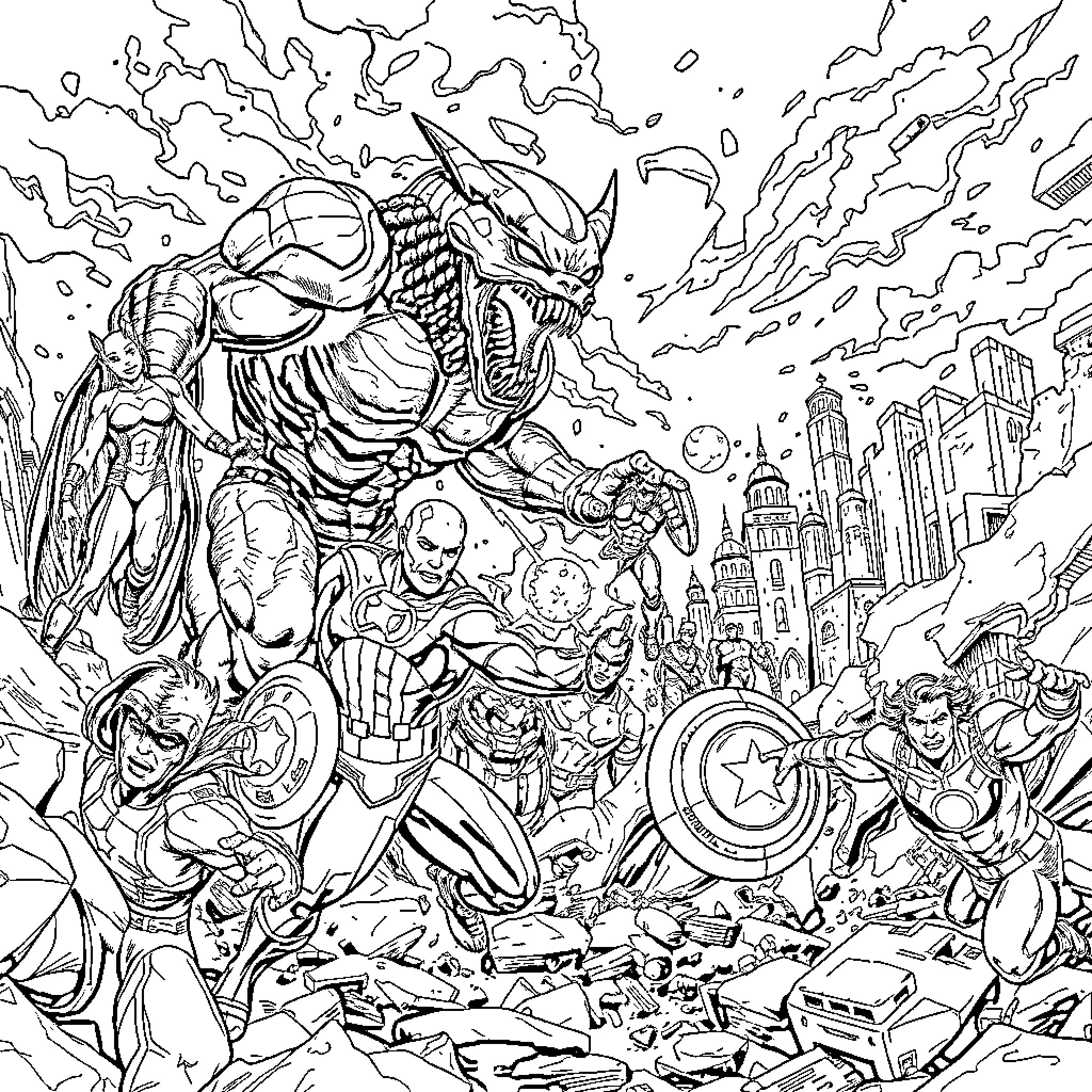 Avenger heroes battle epic cosmic threat Coloring Page (free black-and-white line drawing printable PDF for all, from beginners to advanced learners, including children, teens, adults, and seniors)