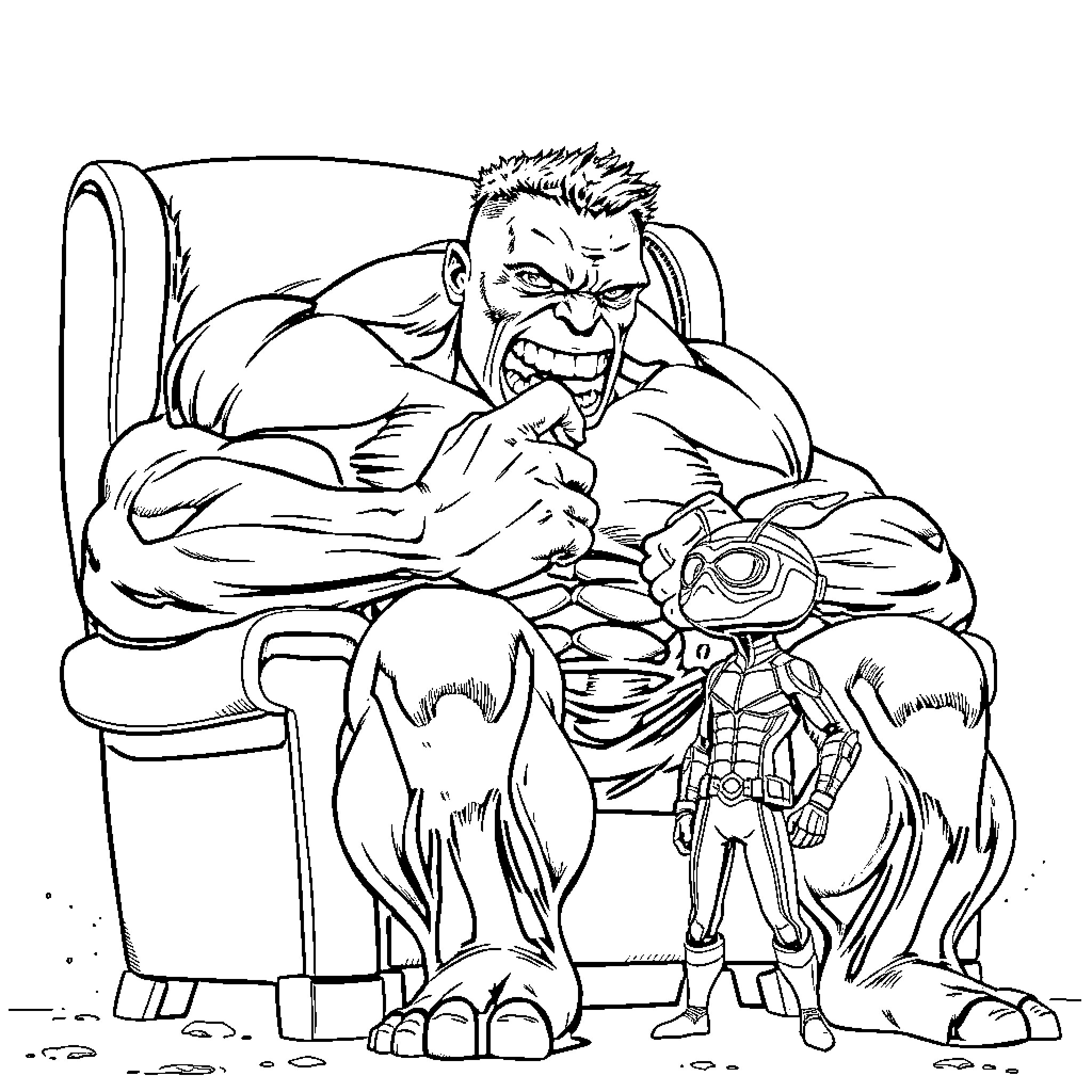 Hulk lounging in chair with comic book hero Coloring Page (free black-and-white line drawing printable PDF for all, from beginners to advanced learners, including children, teens, adults, and seniors)