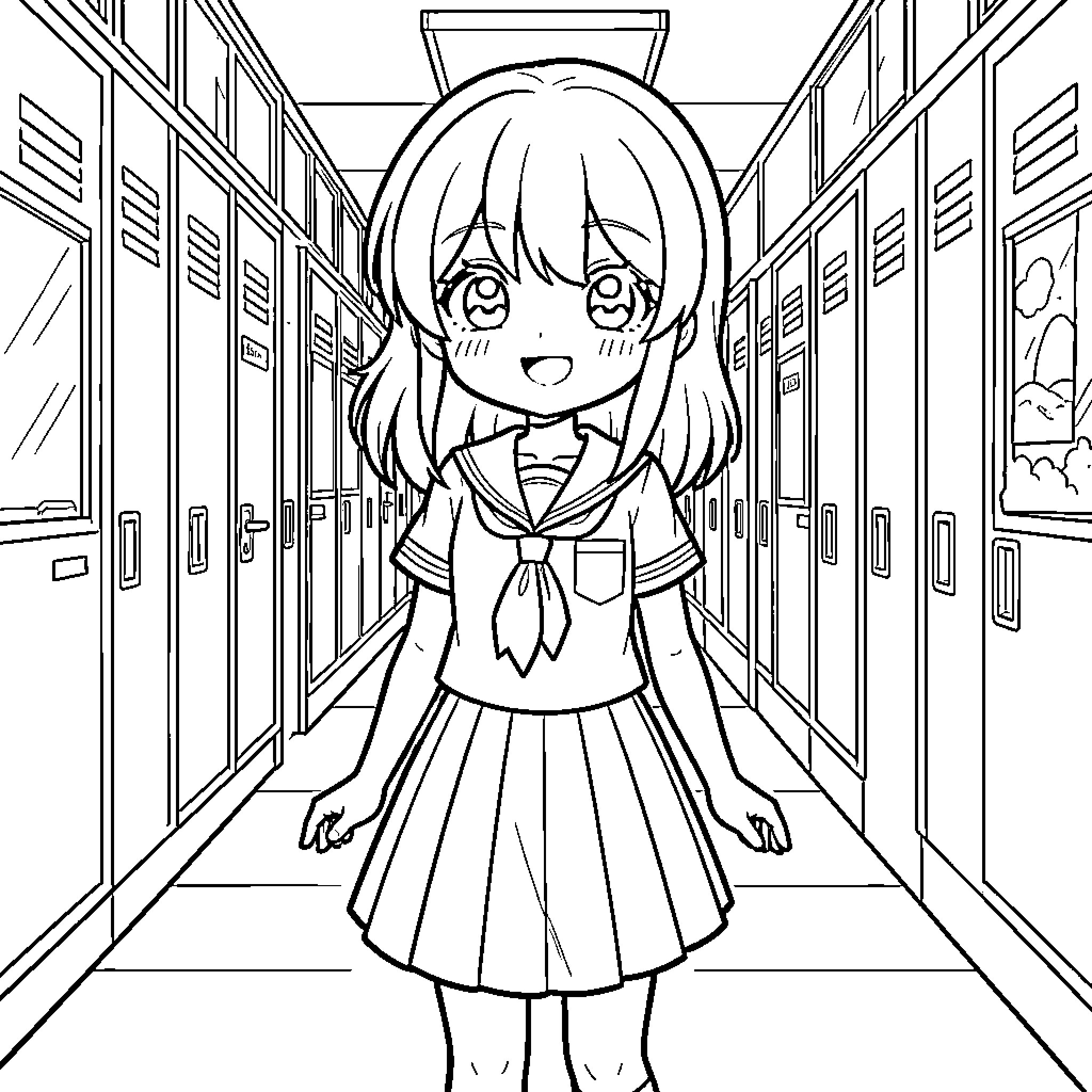 Anime Girl in School Hallway Coloring Page (free black-and-white line drawing printable PDF for all, from beginners to advanced learners, including children, teens, adults, and seniors)