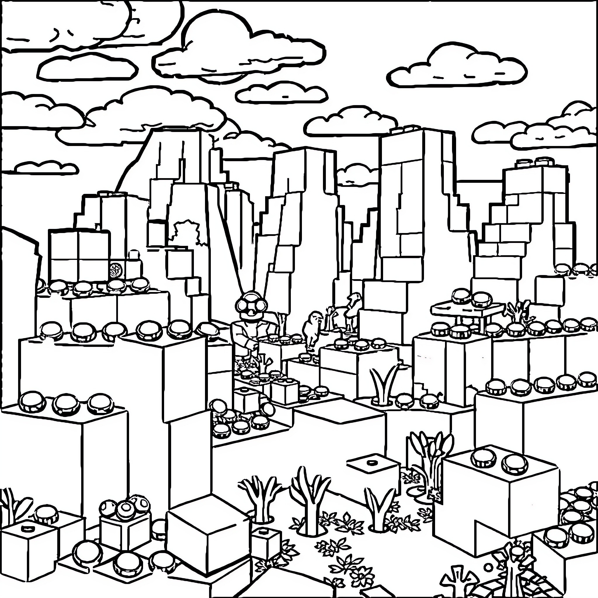Lego Cityscape with Varied Buildings and Landscape Coloring Page (free black-and-white line drawing printable PDF for all, from beginners to advanced learners, including children, teens, adults, and seniors)