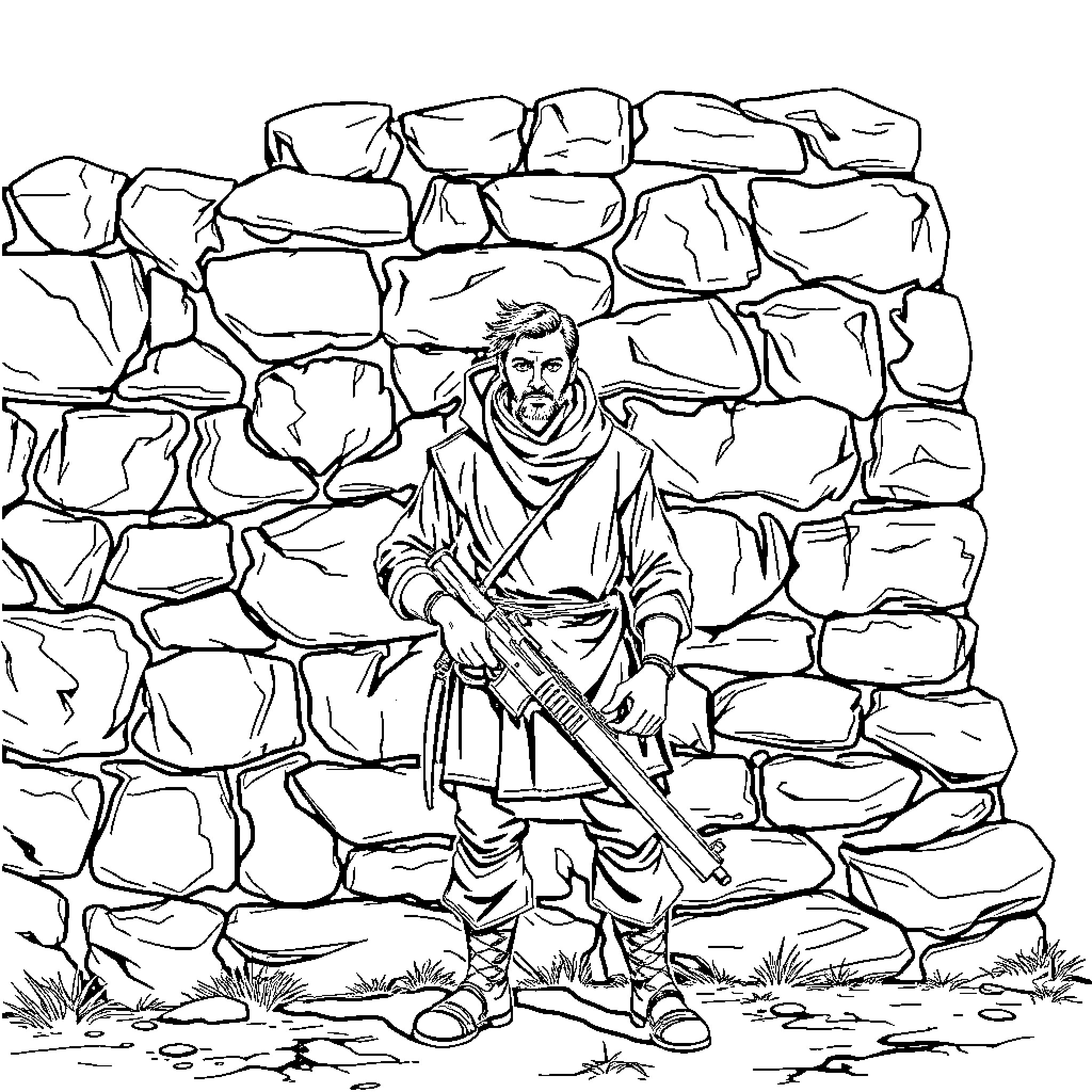 Man with weapon standing in front of stone wall Coloring Page (free black-and-white line drawing printable PDF for all, from beginners to advanced learners, including children, teens, adults, and seniors)