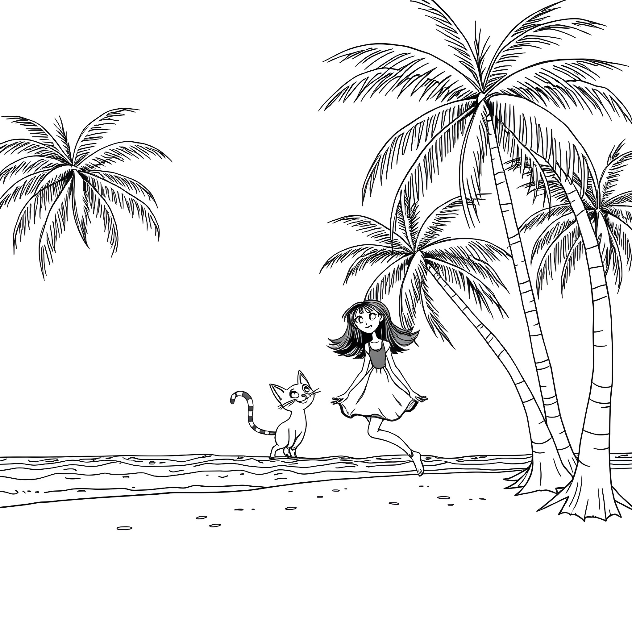 Coraline's Tropical Adventure with Her Feline Companion Coloring Page (free black-and-white line drawing printable PDF for all, from beginners to advanced learners, including children, teens, adults, and seniors)